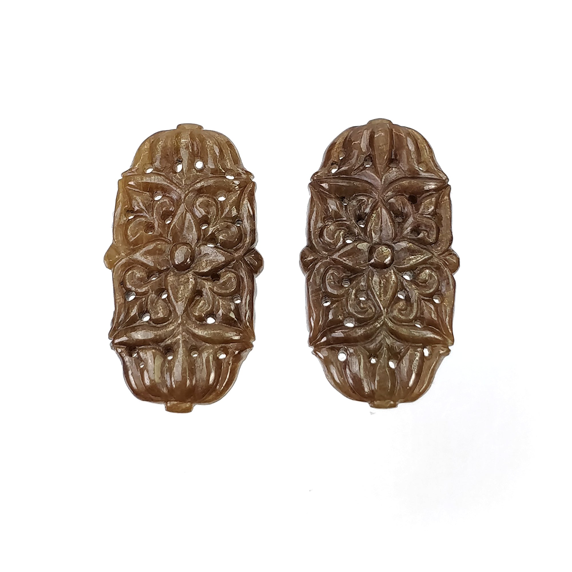 Natural Untreated Golden Brown Chocolate Sheen Sapphire Gemstone Carving - 41.50cts Hand Carved Oval Pair 32x17.5mm (Video Included) | Perfect for Jewelry Making, Engagement Rings & Luxury Gifts