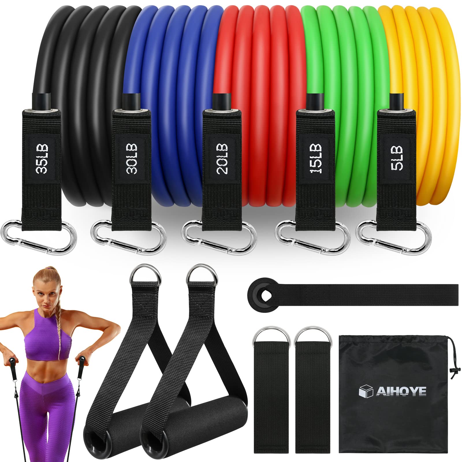 Aihoye Resistance Bands Set for Home Workouts - 5-Piece Exercise Bands with Door Anchor, Handles & Carry Bag | Strength Training, Physical Therapy, Yoga & Fitness for Men & Women