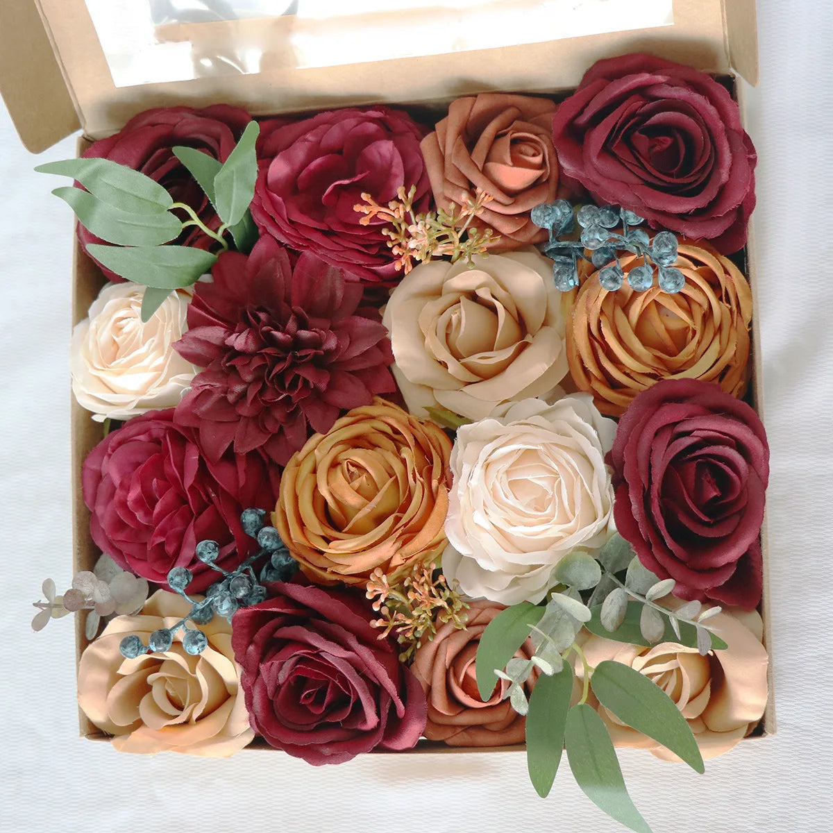 Yannew Burnt Orange Artificial Roses Combo Box - 24pcs Real Touch Silk Flowers for DIY Fall Wedding Bouquets, Boho Home Decor, Table Centerpieces & Seasonal Arrangements