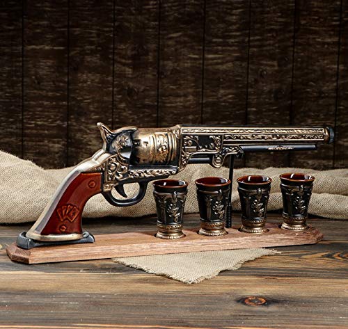 Brave Spirit Gun Decanter Set 600ml with 4 Shot Glasses - Ceramic Whiskey Flask for Alcohol, Vodka, Tequila, Bourbon, Scotch, Gin - Unique Liquor Gift for Men - Perfect for Home Bars, Parties & Gifts (19.7 x 7 x 3.1 inches)