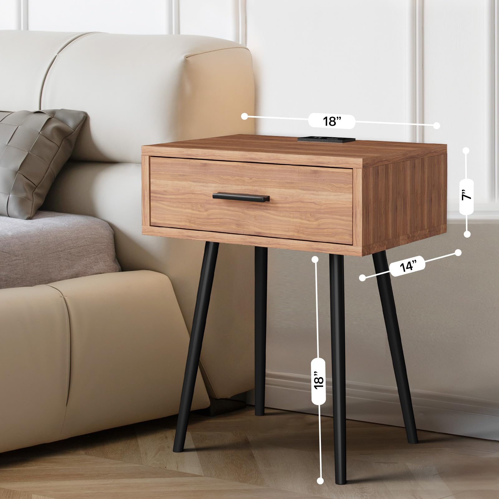 Modern Wooden Nightstand with USB Charging Port & Drawers - Walnut Finish Small Side Table for Bedroom, Living Room, Dorm - Perfect as Bedside Table, Dresser or End Table - Light Brown Home Decor for Cozy Spaces