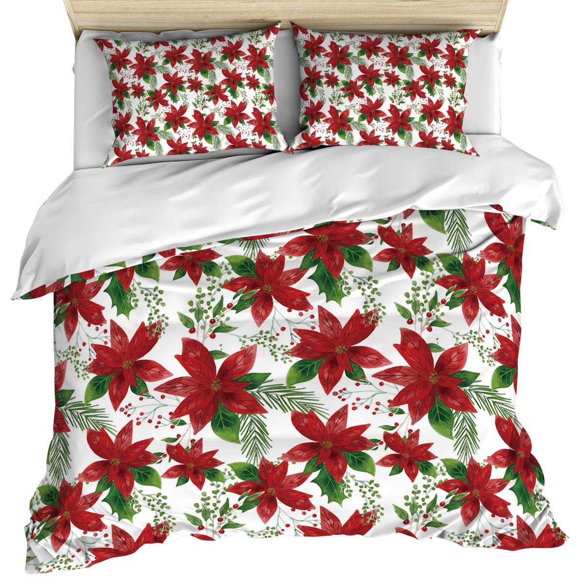 Christmas Poinsettia Duvet Cover Set - 3PC Queen Watercolor Floral Bedding for Holiday Decor