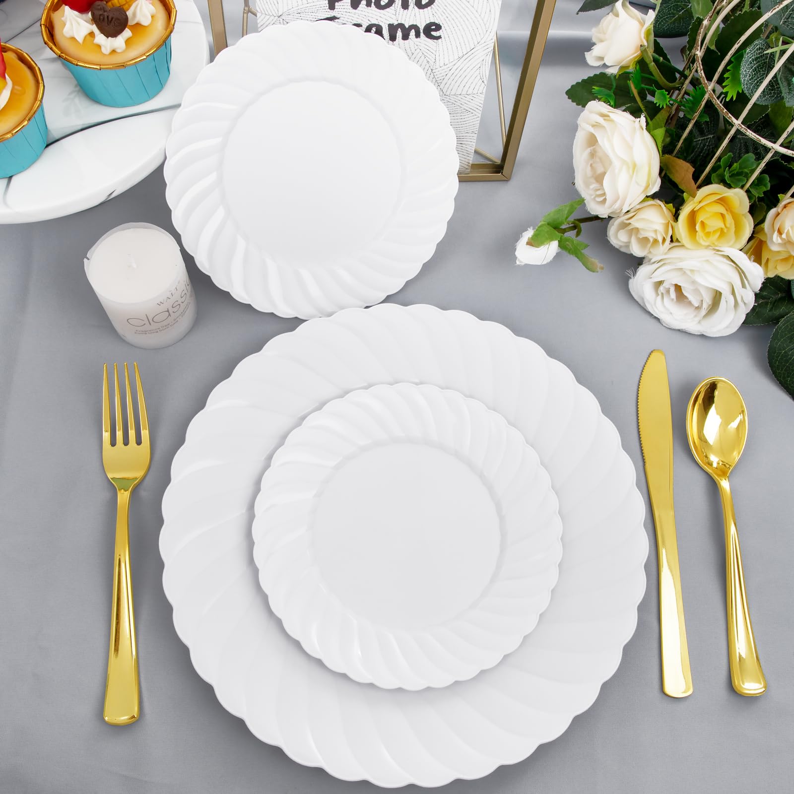 150-Pack White Plastic Dinner Plates & Gold Silverware Set - Heavy Duty Disposable Plates for Parties, Mothers Day, Events - Includes 30 Dinner Plates, 30 Dessert Plates, 30 Gold Plastic Cutlery - Perfect for Birthday Celebrations, Wedding Receptions & Holiday Gatherings