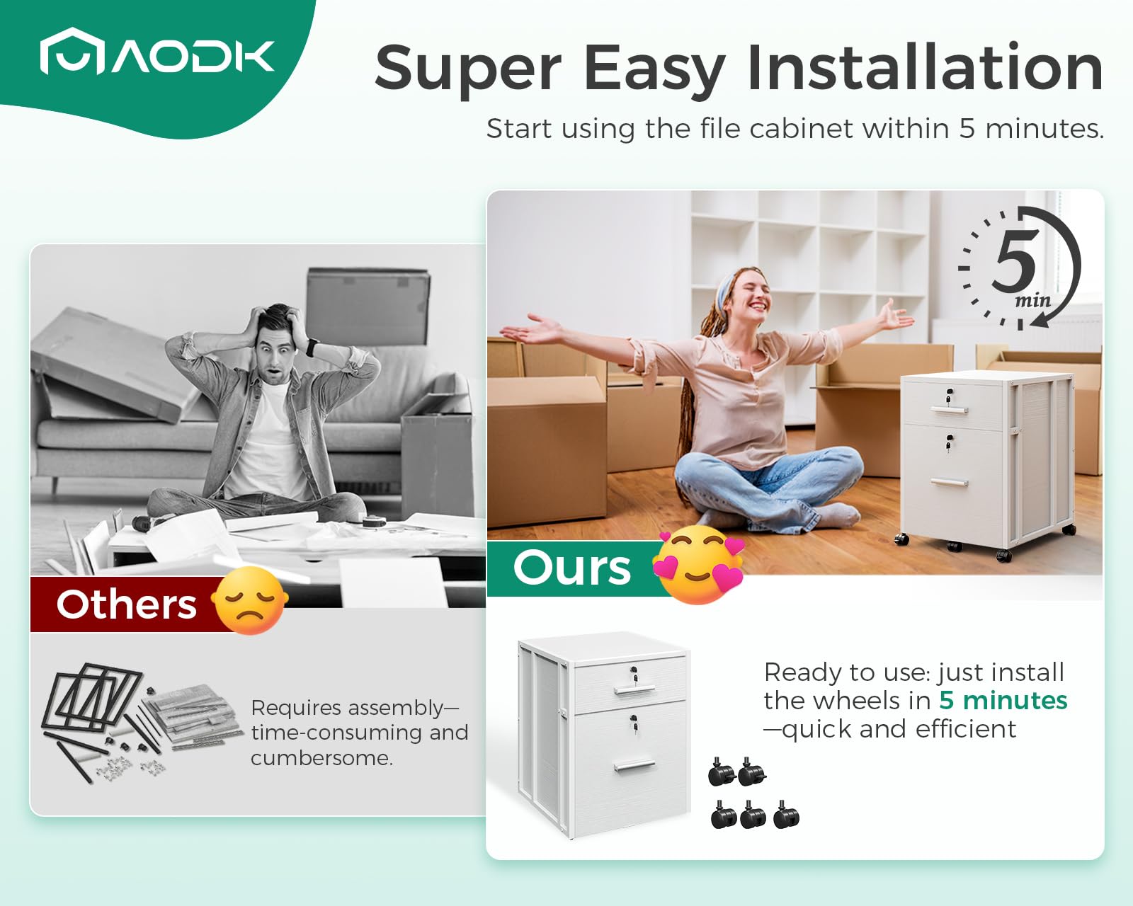 AODK 2-Drawer File Cabinet for Home Office - Fully Assembled Locking Filing Cabinet with Wheels, White - Organize A4/Letter Documents in Style | Perfect for Small Spaces & Office Storage Solutions