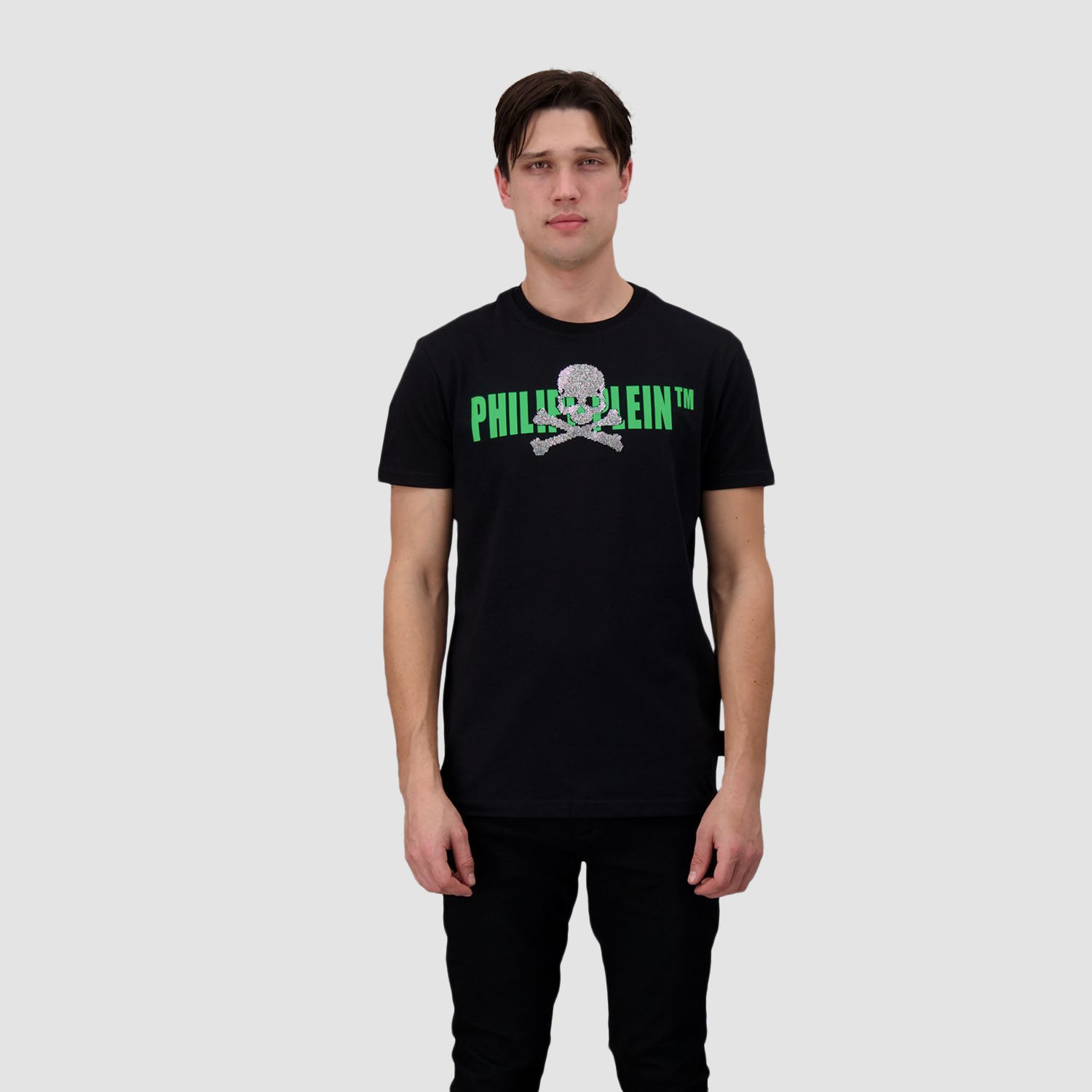 Philipp Plein Black & Neon Round Neck Short Sleeve Skull Strass T-Shirt for Men - Edgy Streetwear & Night Out Fashion