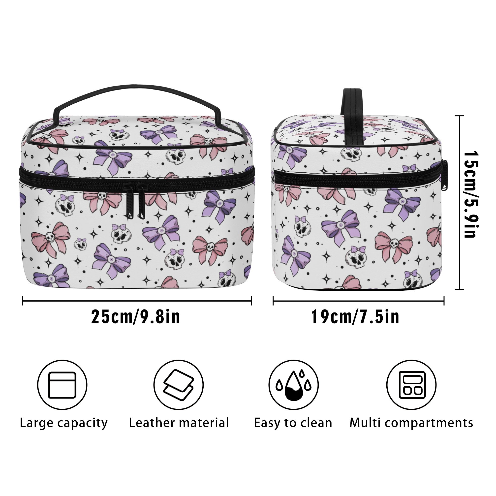 Stylish Bows and Skulls Leather Makeup Bag for Women - Perfect for Travel, Gym, and Everyday Cosmetics Storage