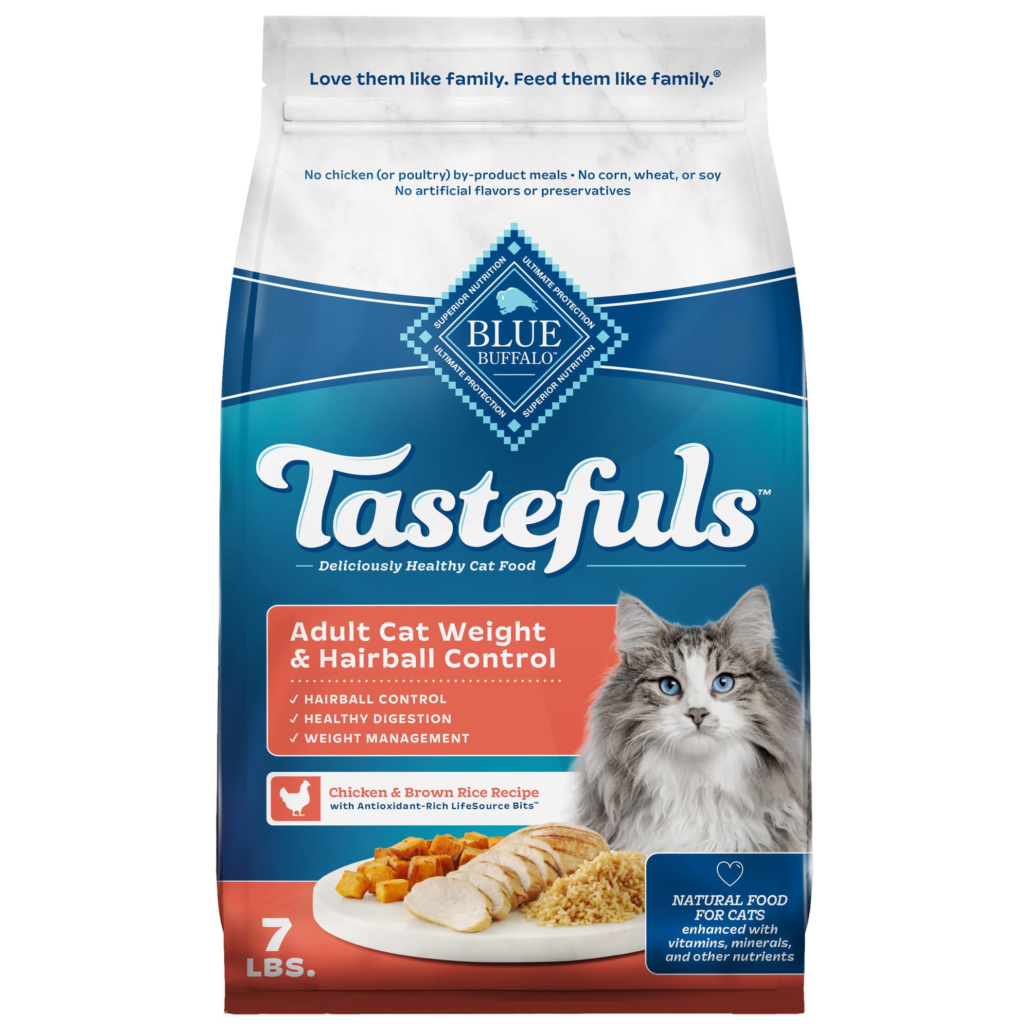 Blue Buffalo Tastefuls Adult Dry Cat Food for Weight Management & Hairball Control - Natural Chicken Recipe, 7-lb Bag | Made in USA | Perfect for Indoor Cats & Sensitive Stomachs