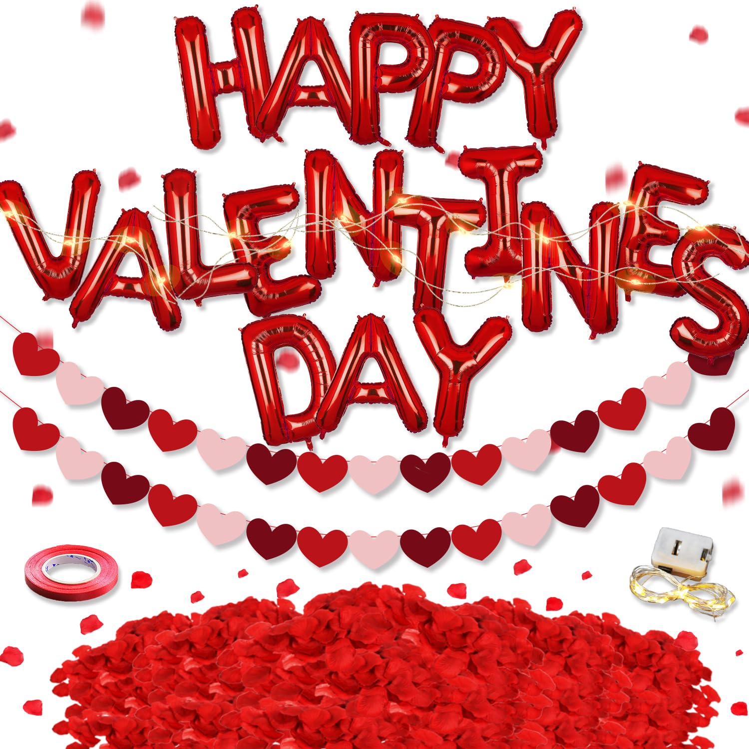 Valentine's Day Balloons & Party Decorations Set - Happy Valentine's Day Balloons, Heart Banner, Rose Petals & String Lights for Wedding & Romantic Celebrations | Perfect for Valentine's Party, Anniversary & Proposal Decor
