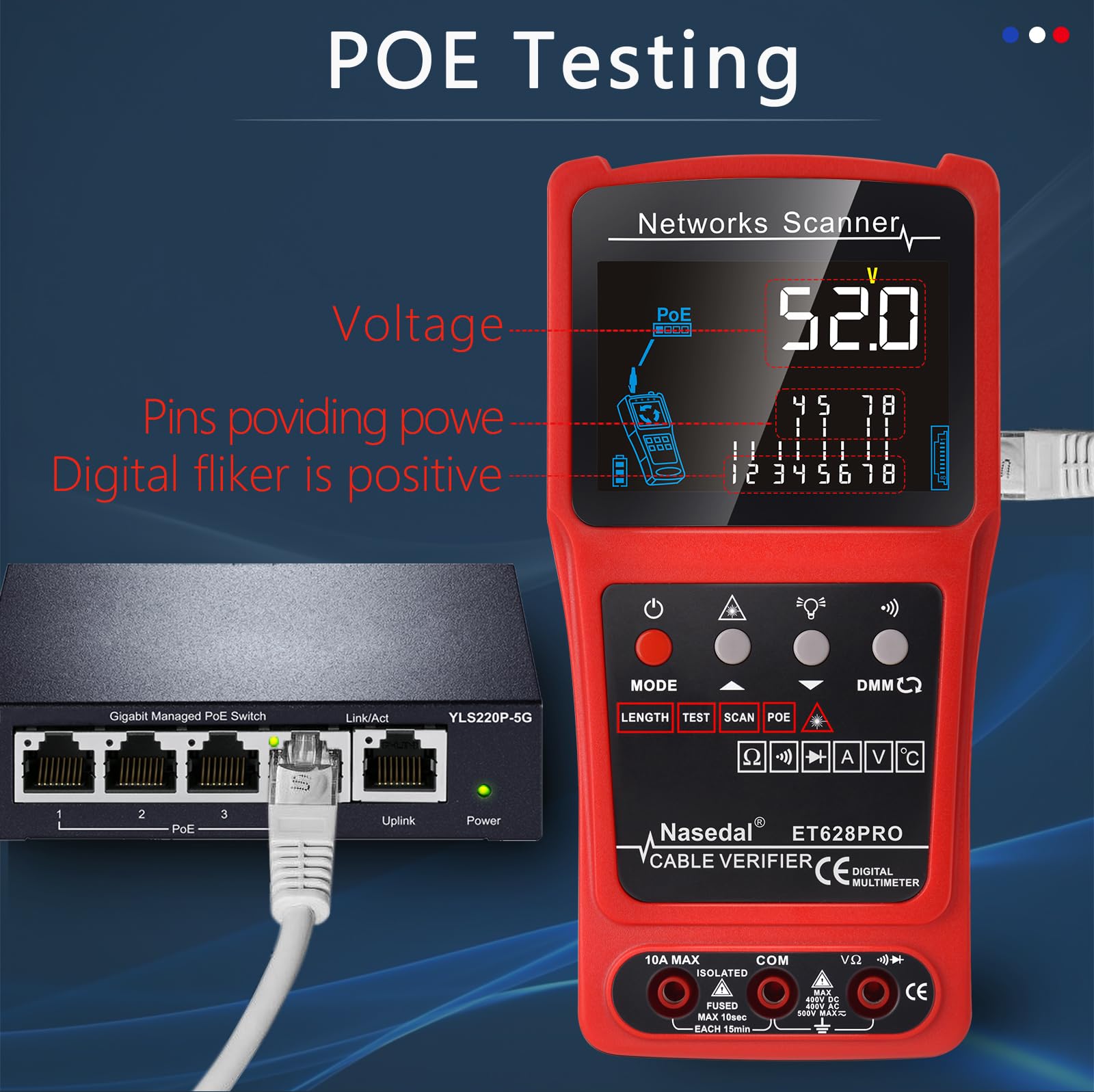 Professional 3-in-1 Network Cable Tester - Ethernet Tester, Wire Tracker & Tone Generator for RJ45/RJ11/BNC (CAT5/CAT6/CAT7/CAT8) with PoE Test, Cable Length Measurement & Port Flash - Includes 3 Remote Testers - Perfect for IT Professionals, Network Installations & Home Office Setup