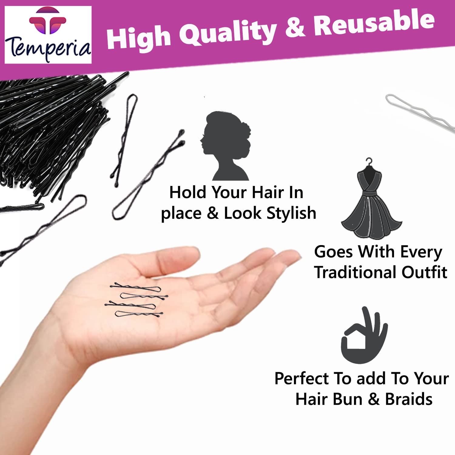 Temperia Small Bobby Hair Pins for Girls & Kids - 100 Pack (3.5cm) | Stylish Hair Clips for Women & Children | Black Hair Styling Accessories for School, Parties & Everyday Hairstyles