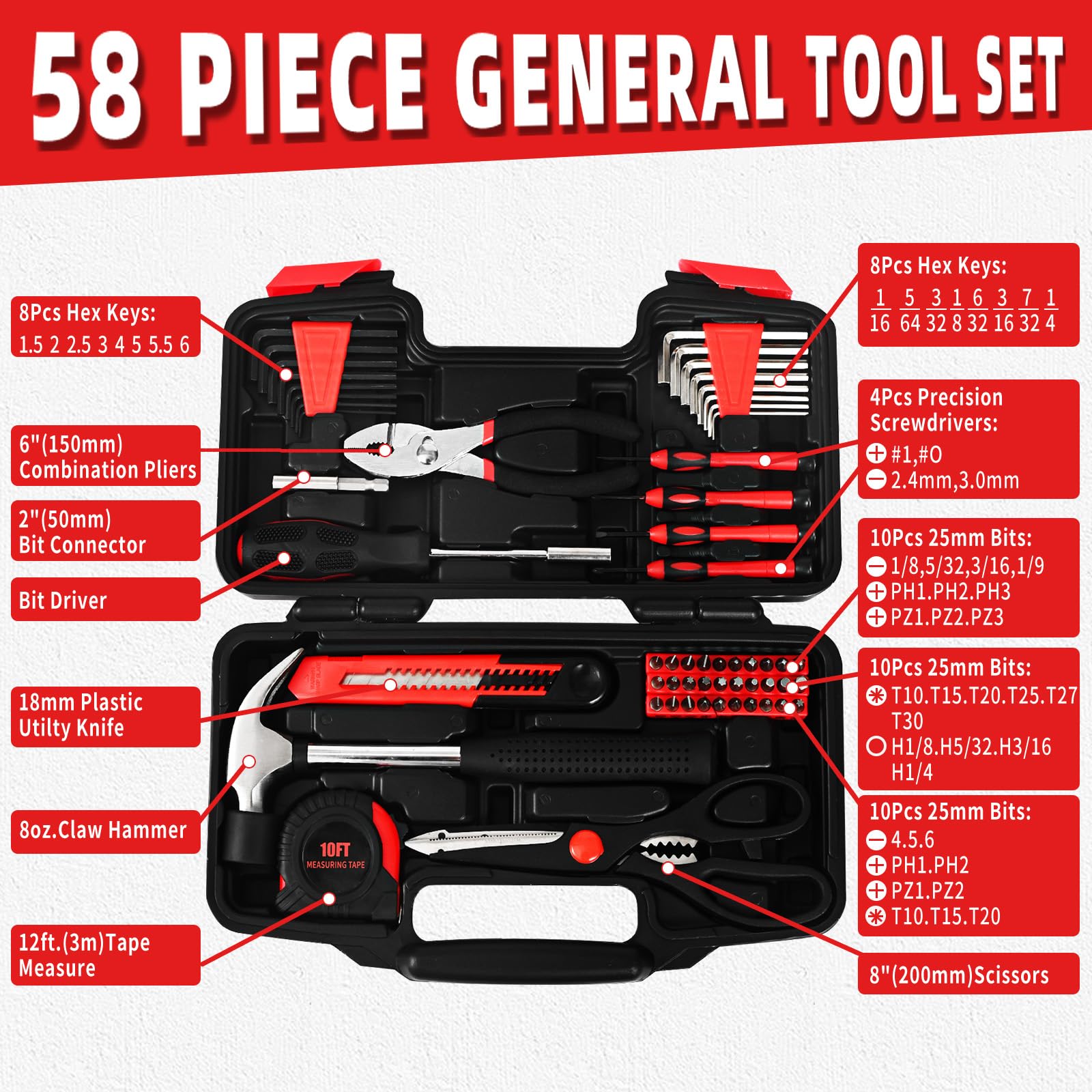 58-Piece Home Repair Tool Set with Plastic Toolbox - Essential Hand Tools for Household, Office & College Repairs - Perfect for Women & DIY Beginners - Great for Fixing Furniture, Electronics & Small Projects (Red)