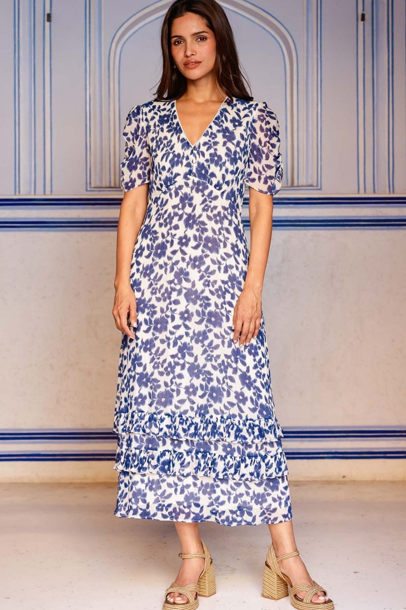 Ellery Floral Print Dress for Women - Blossom Cream & Navy Blue - Perfect for Spring Weddings, Garden Parties & Summer Outings