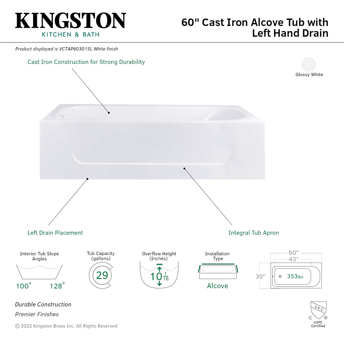 Aqua Eden 60 Inch Cast Iron Rectangular 3 Wall Alcove Bathtub - Left Drain Hole, White Porcelain Finish | Freestanding Soaking Tub for Bathroom Remodel & Spa Relaxation