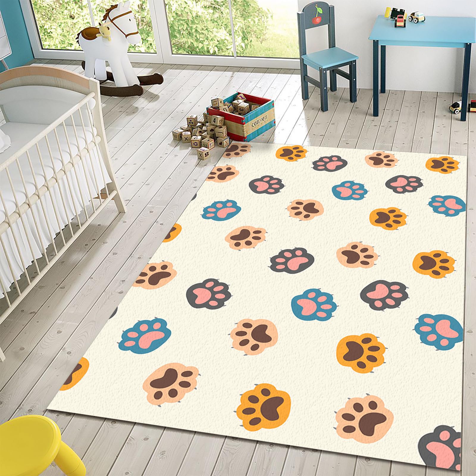 5x8ft Cute Cat Paw Area Rugs - Non-Slip Kids Nursery Rug with Cartoon Design, Easy to Clean Large Floor Mat for Bedroom, Playroom, Kindergarten & Princess Room Decor (Girls & Boys)