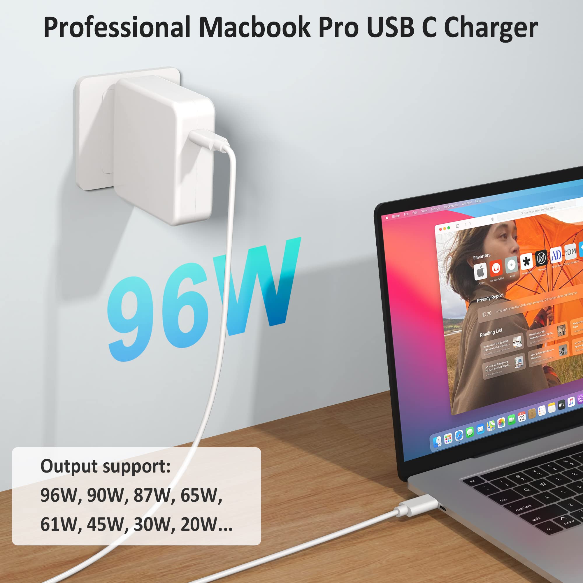 96W USB C Fast Charger for MacBook Pro 16/15/14/13 inch (2023-2018), MacBook Air & iPad Pro | Type-C Power Adapter with PD 3.0 | Perfect for Travel, Office & Home Use