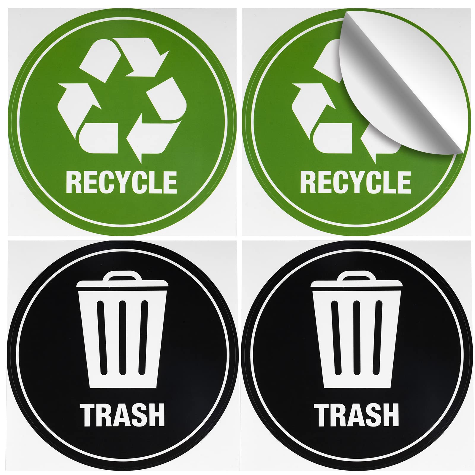 GSM Brands Recycle Trash Labels - Pack of 4 Large Vinyl Stickers with Recycling Symbol & Waste Bin Icon - Perfect for Trash Cans, Recycling Bins & Home Organization