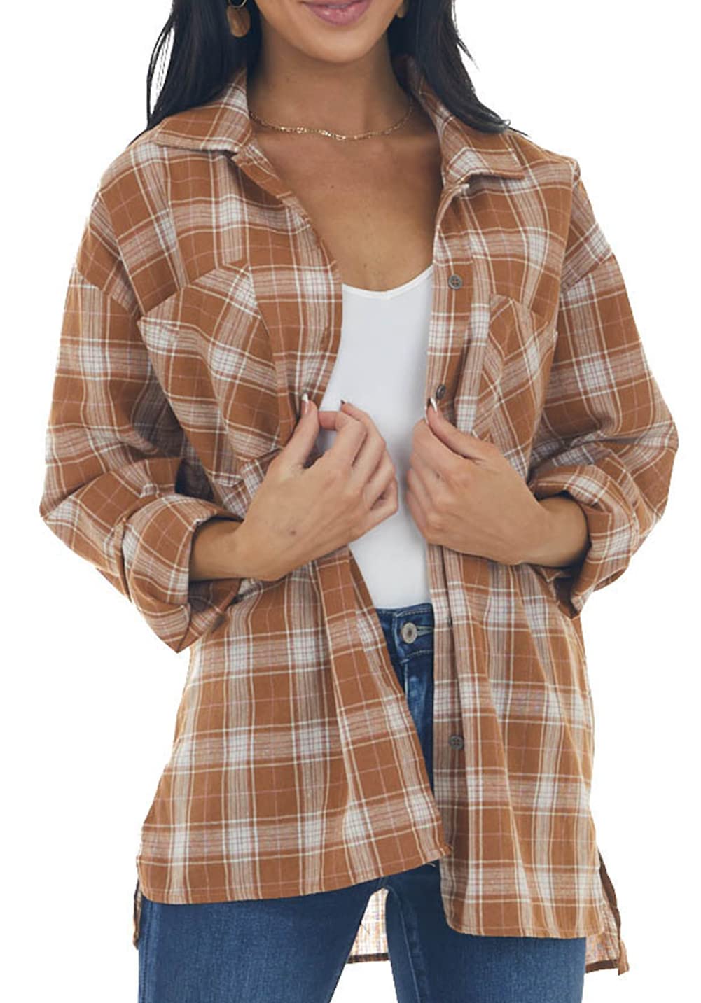 NUOREEL Women's Plaid Flannel Shirt - Soft Button Down Long Sleeve Boyfriend Shirt for Casual Wear, Fall Outfits & Layering