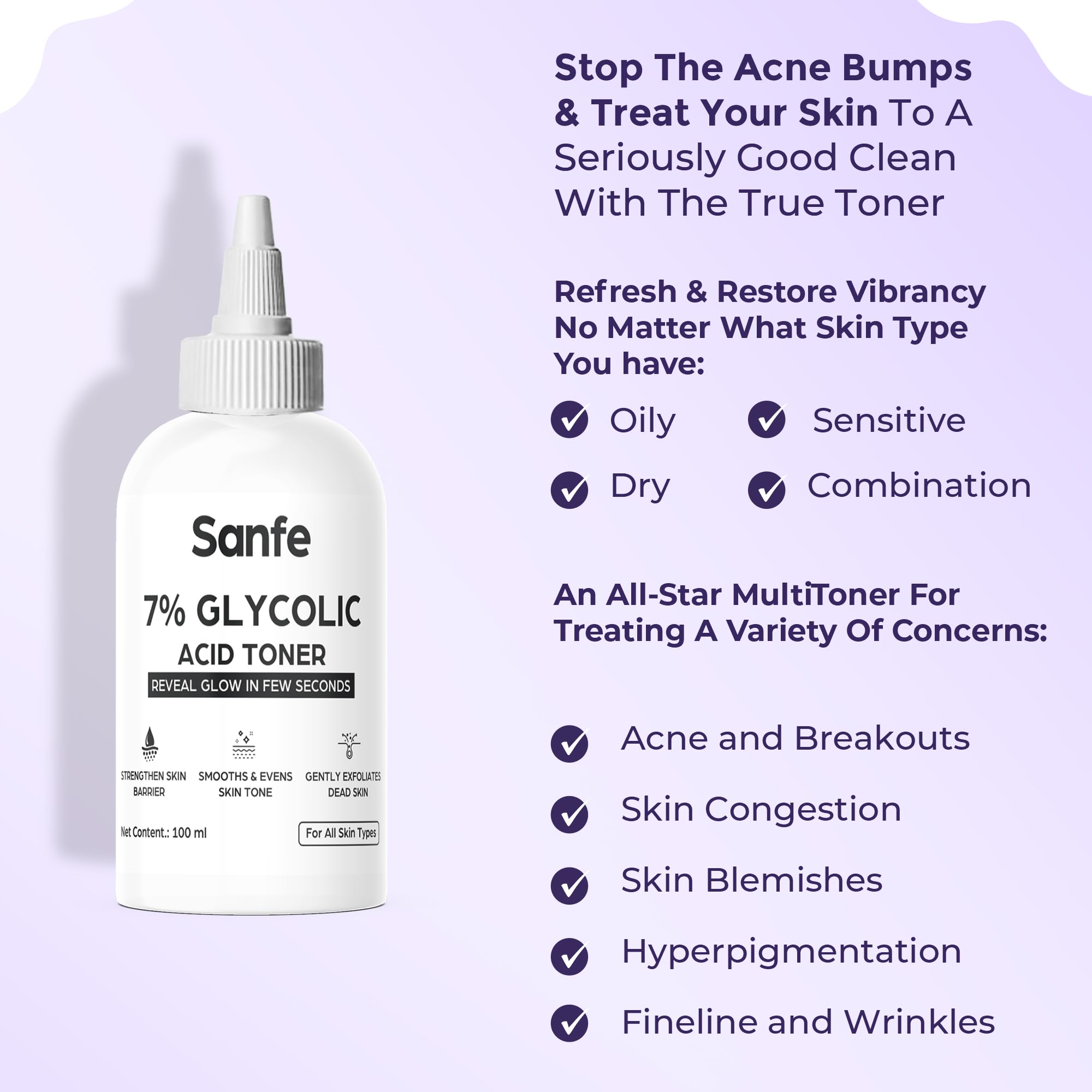 Sanfe 7% Glycolic Acid Exfoliating Toner for Face & Body - Brightens Skin, Reduces Dark Spots & Improves Texture | Gentle Chemical Exfoliator for Glowing Skin | Perfect for Daily Use on Face, Underarms & Scalp | 100ml