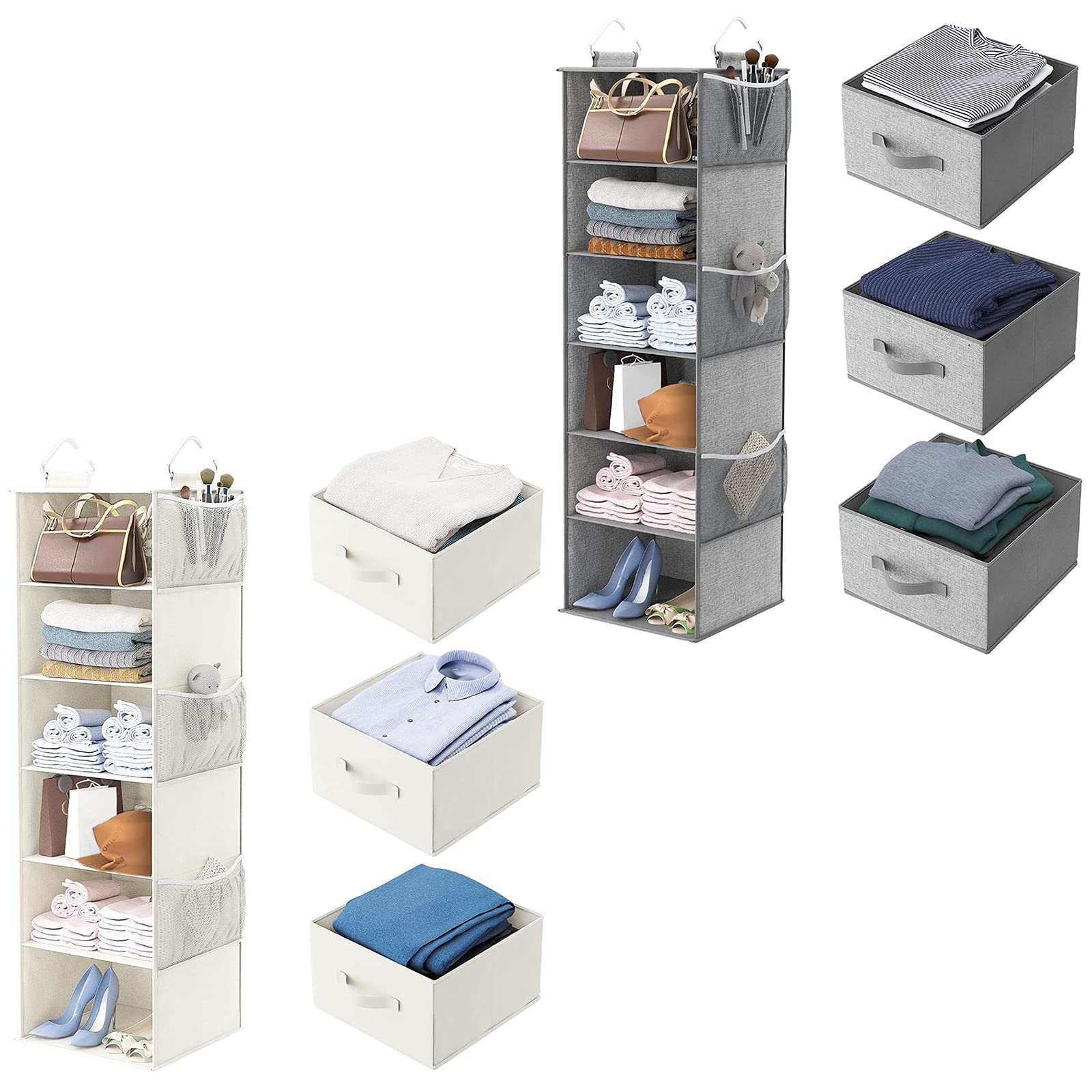MONINXS 6-Tier Hanging Closet Organizer with 3 Removable Drawers & Side Pockets - Space Saving Linen Storage Shelf for Bedroom, Closet, Nursery (12