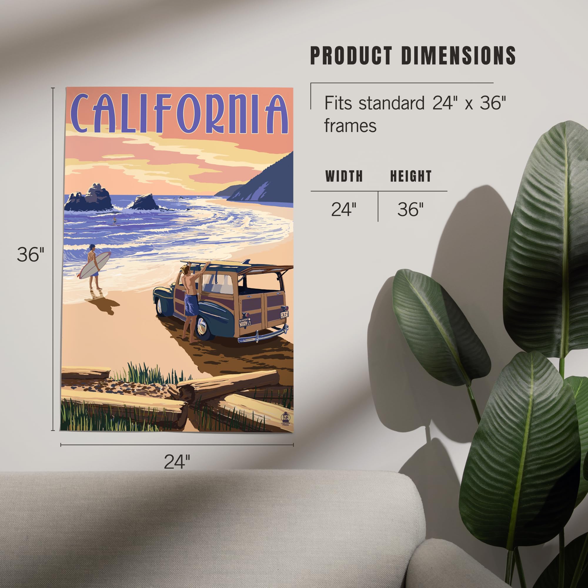 Lantern Press 24x36 Inch Giclee Art Print - California Beach Wall Decor with Woody - Premium Canvas Wall Art for Living Room, Bedroom & Office