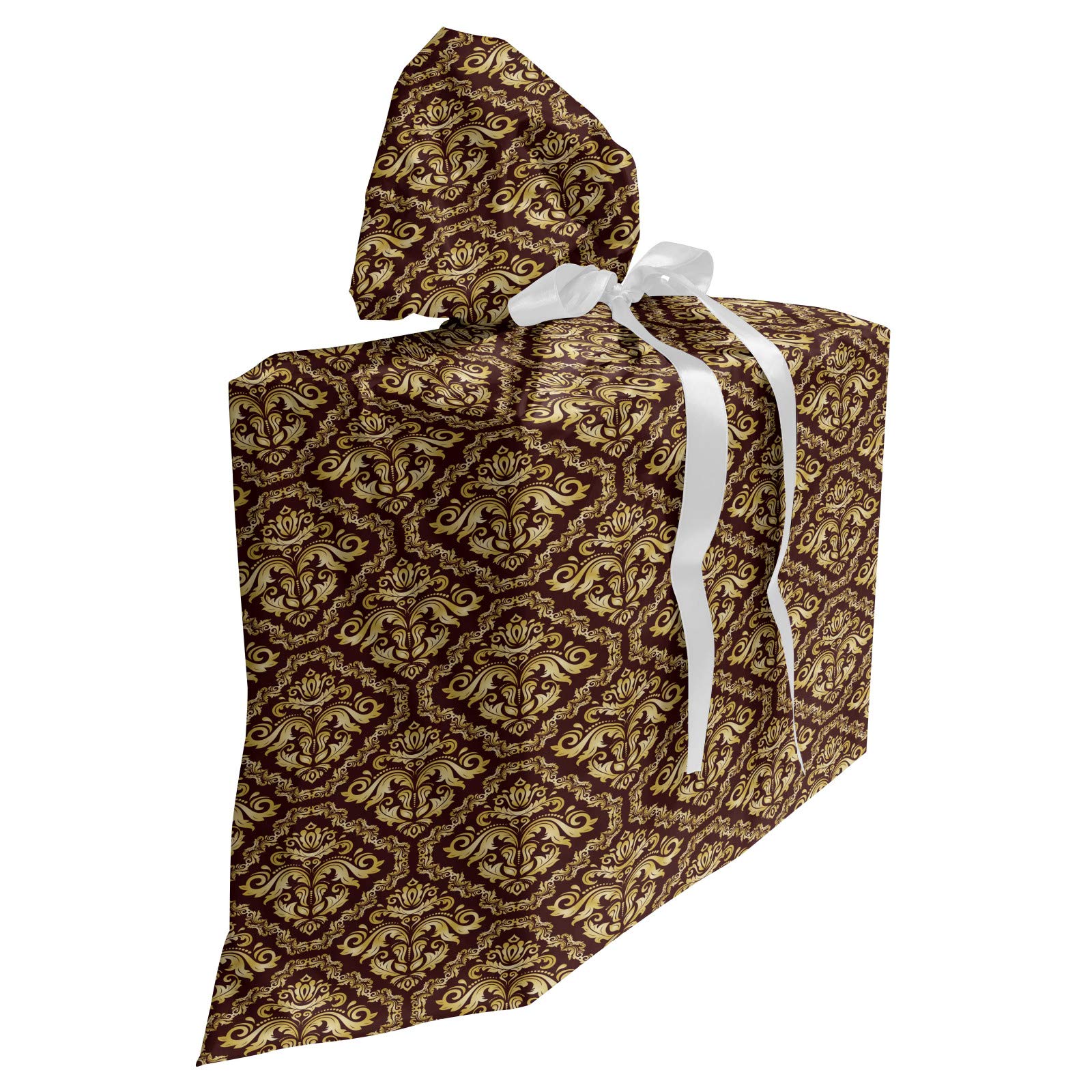 Ambesonne Yellow Damask Fabric Gift Bag with 3 Ribbons - Baroque Style Floral Design in Symmetrical Geometric Frames - Perfect for Birthday Parties, Baby Showers & Wedding Gifts - 27
