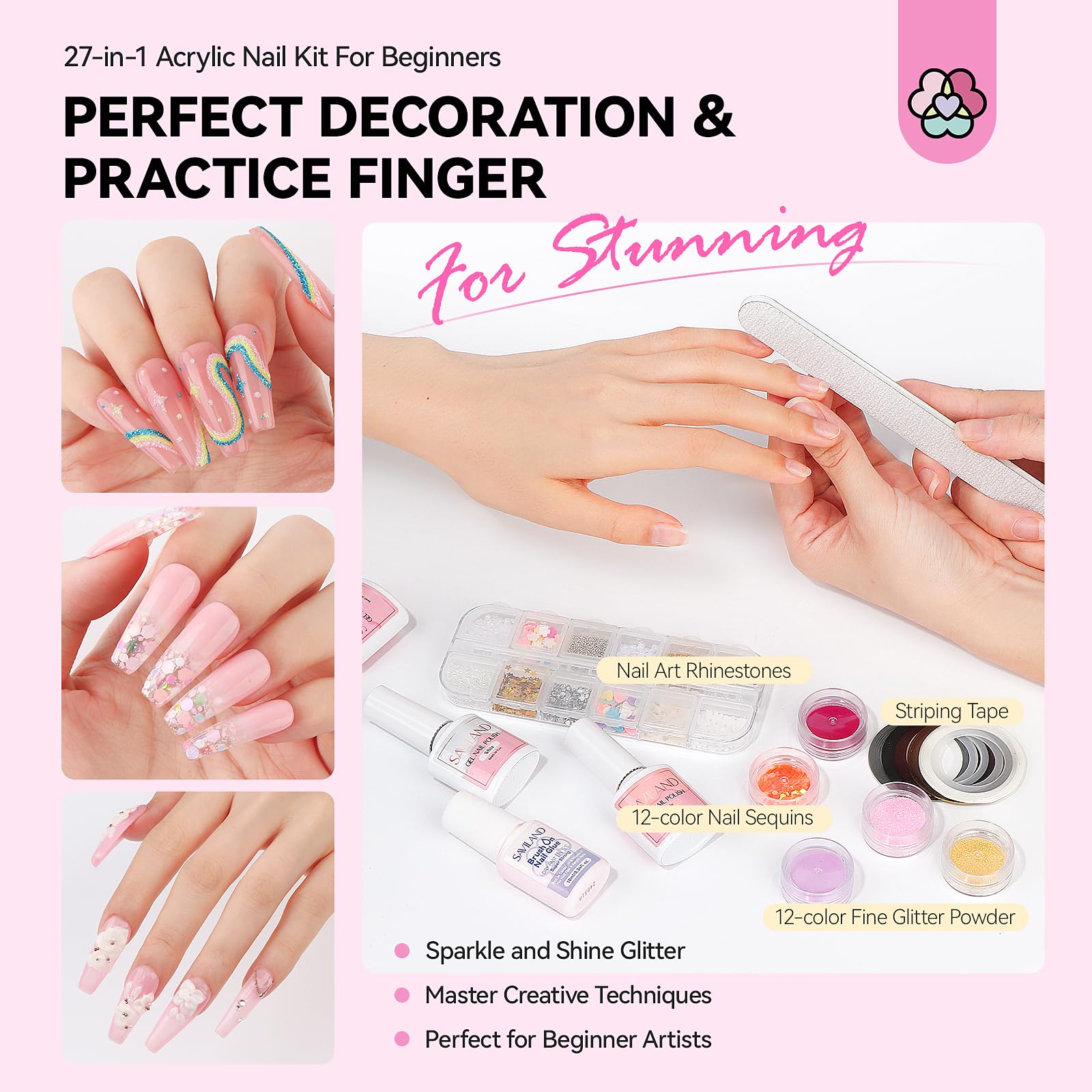 SAVILAND Professional Acrylic Nail Kit with Electric Drill - Complete DIY Manicure Set for Beginners (Includes Acrylic Powder, Monomer Liquid, Gel Polish, Nail Decorations & UV Light) - Perfect for Home Salon & Nail Art Enthusiasts