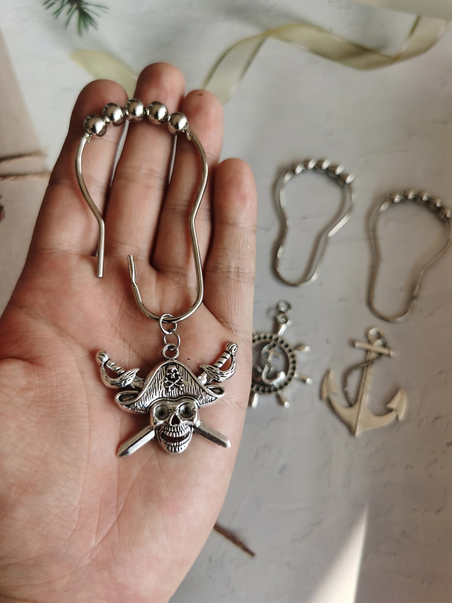 Pirate Skull Anchor Shower Curtain Hooks Set - Silver Metal Decorative Bathroom Accessories with Nautical Theme for Coastal, Beach & Ocean Inspired Bathroom Decor | Perfect for Tropical, Marine & Pirate Style Bathrooms