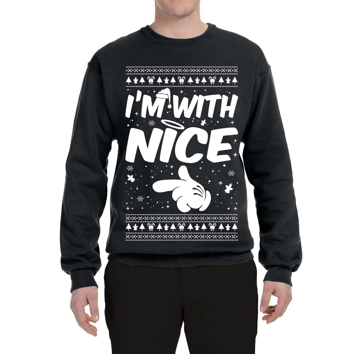 Wild Bobby 'I'm With Nice' Ugly Christmas Sweater - Unisex Crewneck Graphic Holiday Sweatshirt for Xmas Parties & Family Gatherings