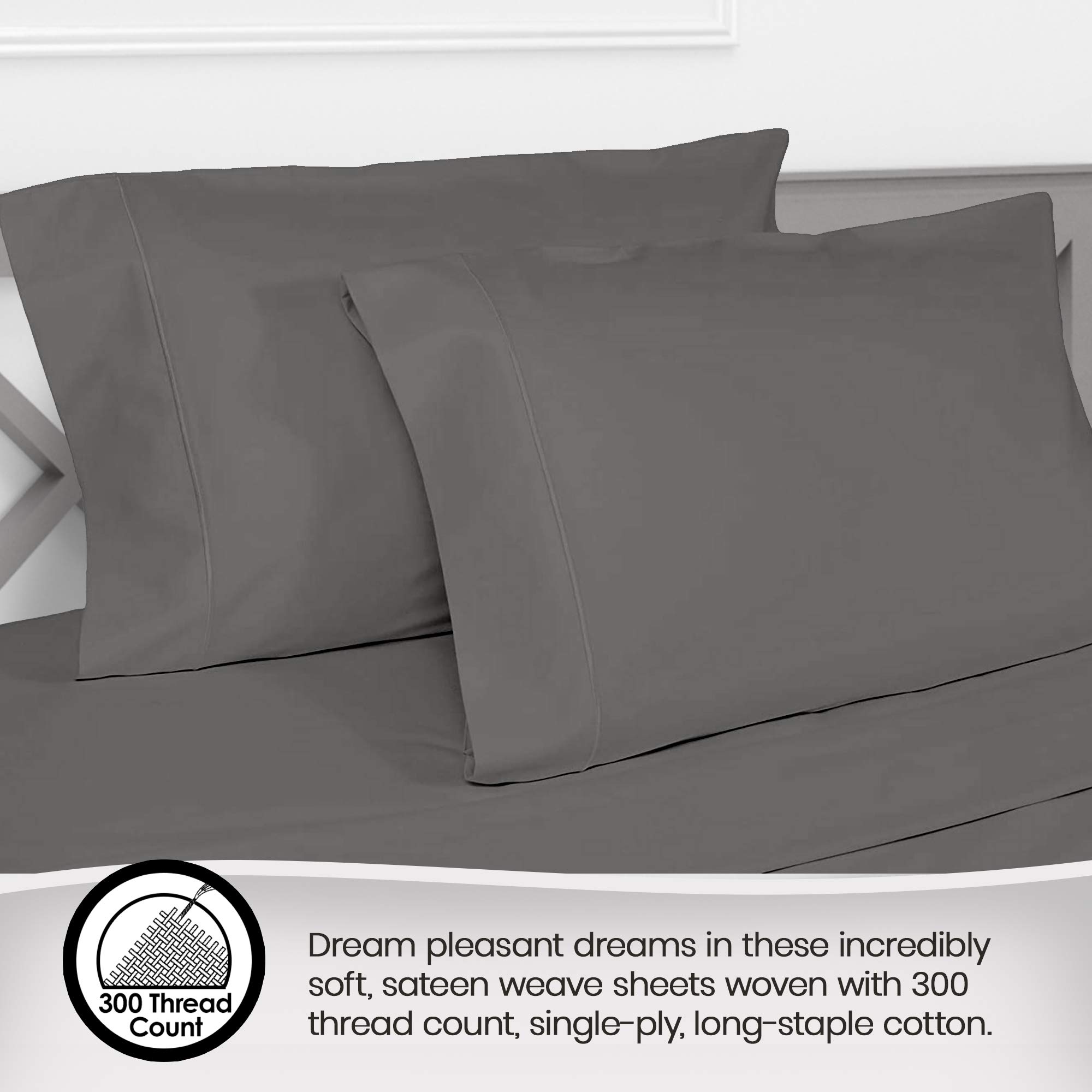 Organic Cotton Sheets Set - 300 Thread Count, GOTS Certified, Deep Pocket, Dark Grey (Queen Size) - Premium 100% Cotton Bedding for Ultimate Comfort & Breathability - Perfect for Luxury Hotels, Guest Rooms & Eco-Friendly Homes