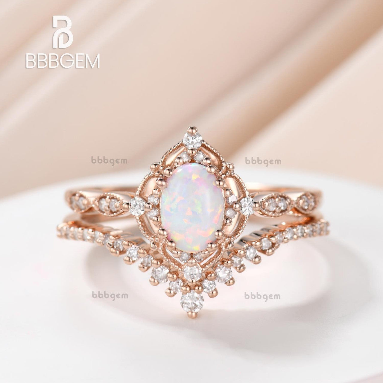 Vintage Art Deco Opal Bridal Ring Set - Oval Opal Engagement Ring with Rose Gold & Diamonds - Wedding & Anniversary Gift for Her - Perfect for Proposals, Bridal Jewelry & Special Occasions