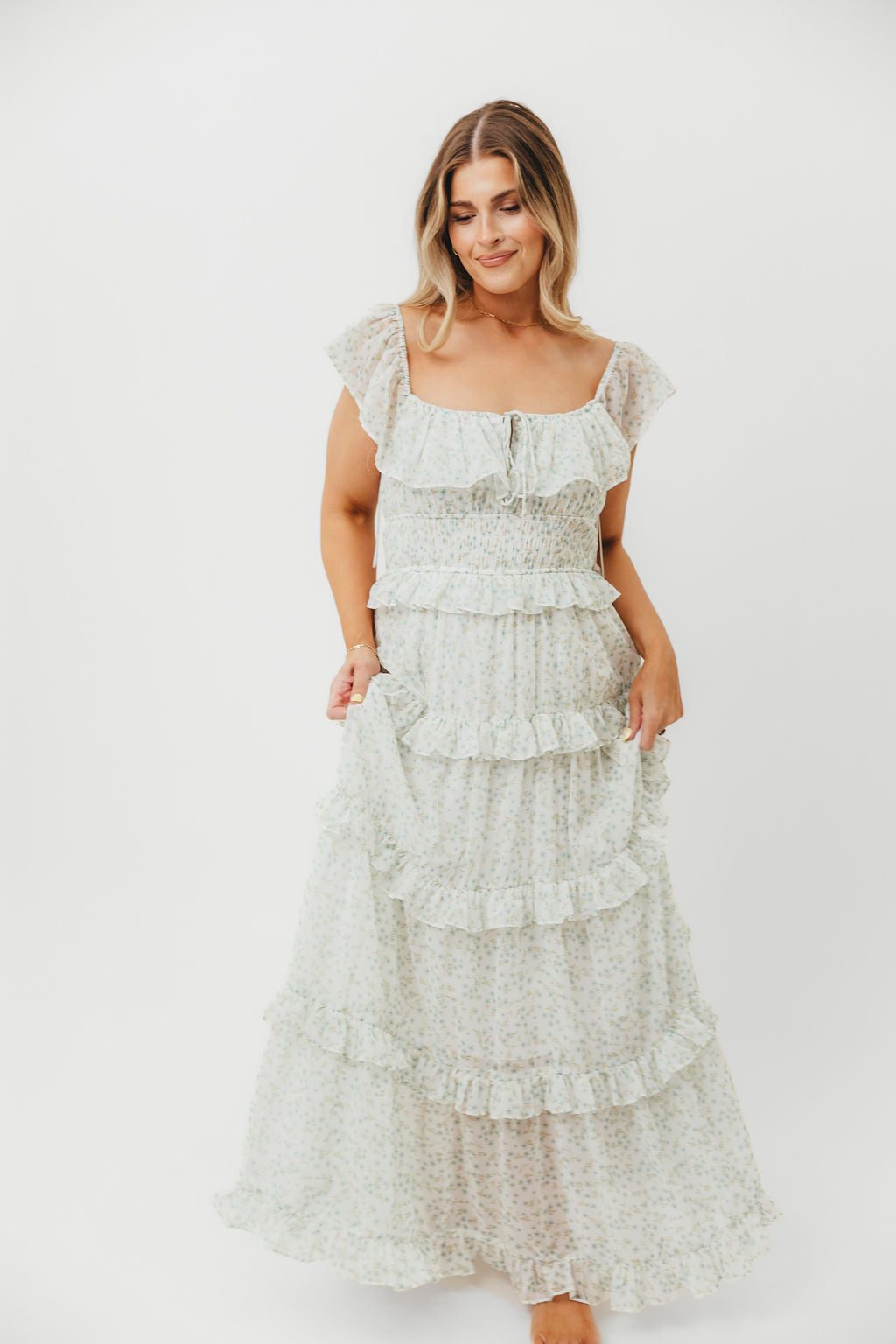 Astrid Ruffle Detail Maxi Dress in Sage Floral - Bump Friendly Maternity Dress for Pregnancy, Nursing & Special Occasions | Flowy Summer Dress for Beach, Wedding & Vacation