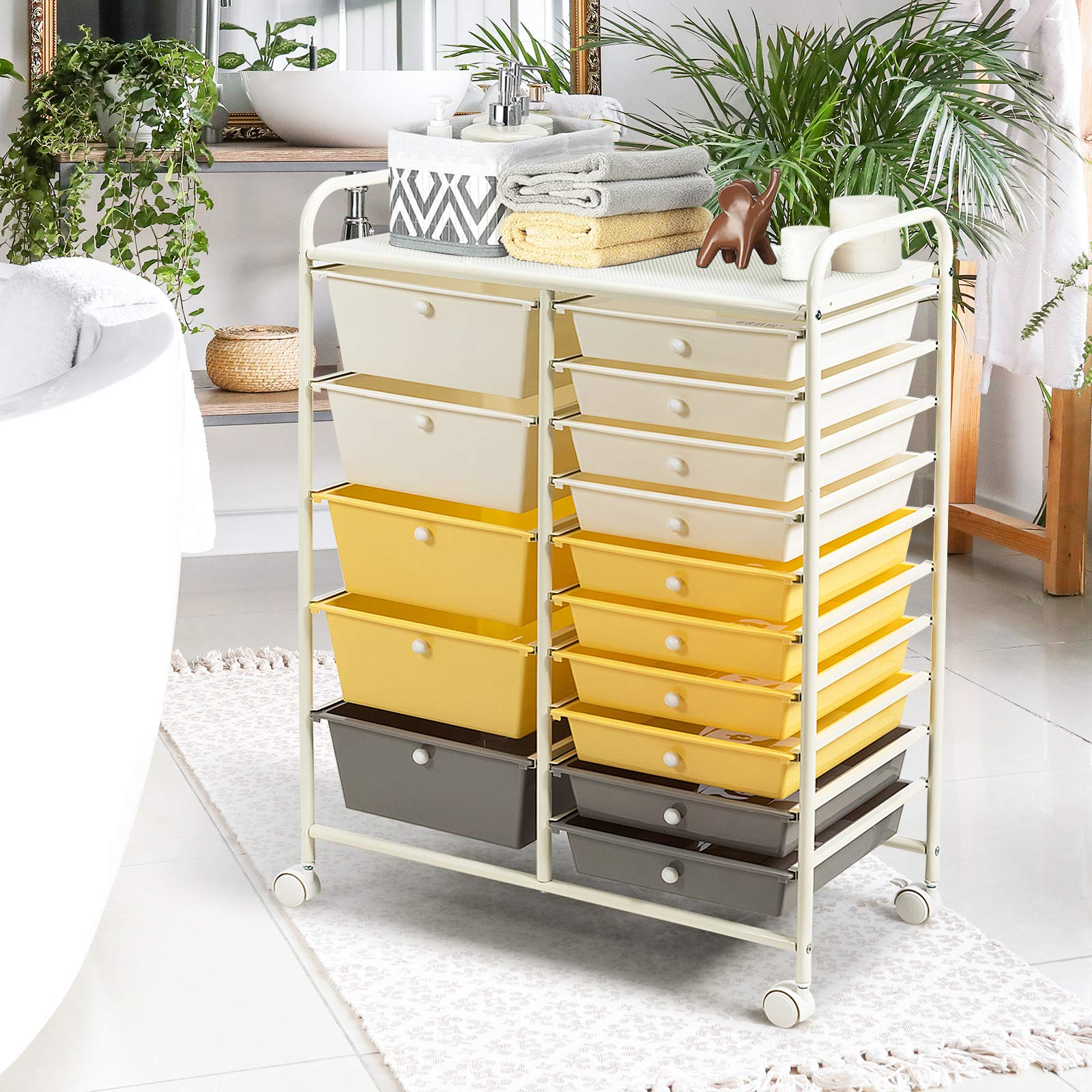 15-Drawer Rolling Cart Organizer with Lockable Wheels - 2-Sized Removable Storage Drawers for Art Supplies, Crafts, Files & Scrapbooking - Perfect for School, Home & Office Organization (Yellow)