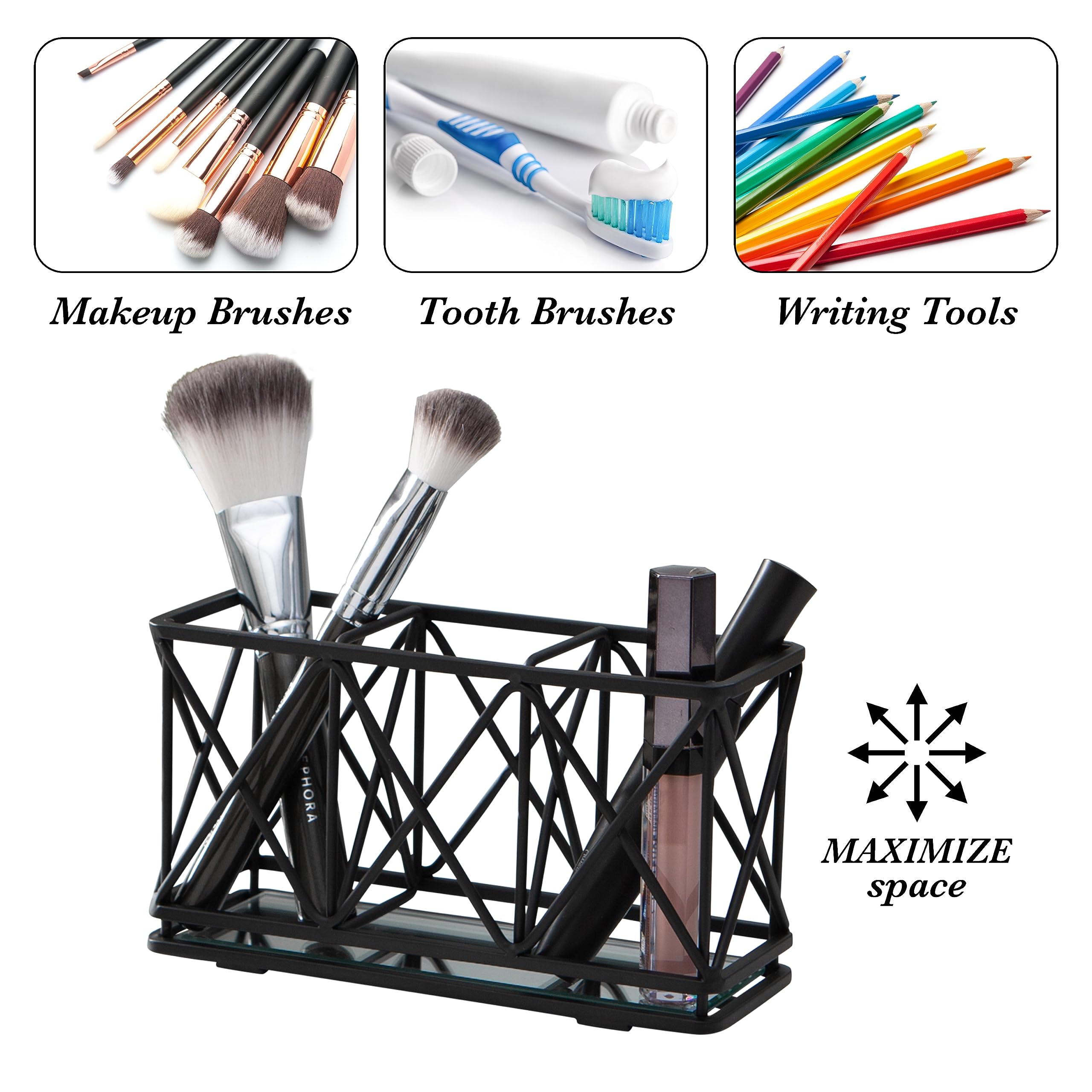 3 Compartment Cosmetic Brush Holder Organizer - Makeup Pencil & Beauty Tool Storage for Vanity, Bathroom, Dresser or Office - Matte Black Mirror Base Design - Perfect for Makeup Artists & Beauty Enthusiasts