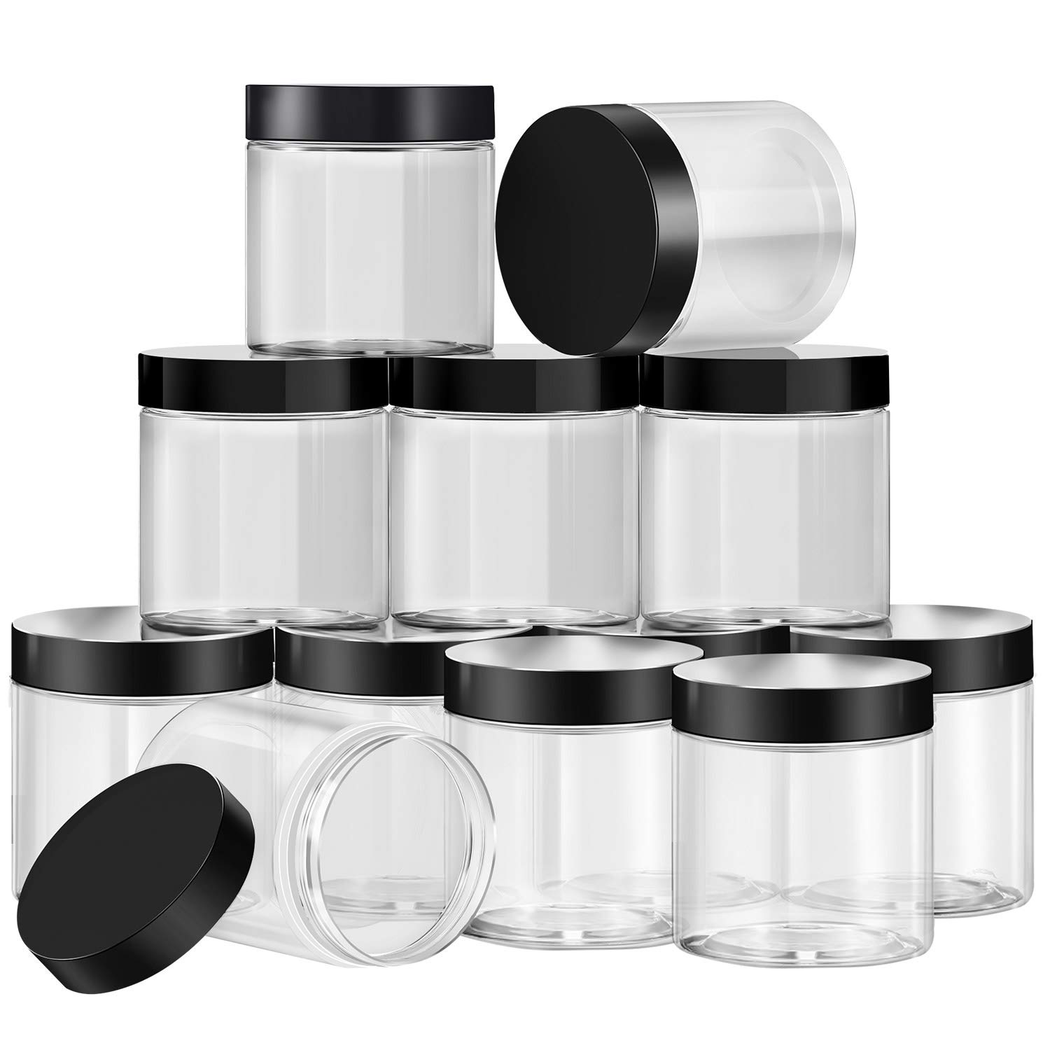 12 Pack 1 oz Clear Plastic Jars with Lids - Round Travel Cosmetic Containers for Toiletries, Lotion, Cream, Makeup & Samples | Airtight Kitchen Storage & Slime Jars | Perfect for DIY, Crafts & Organizing (10 oz, Black)