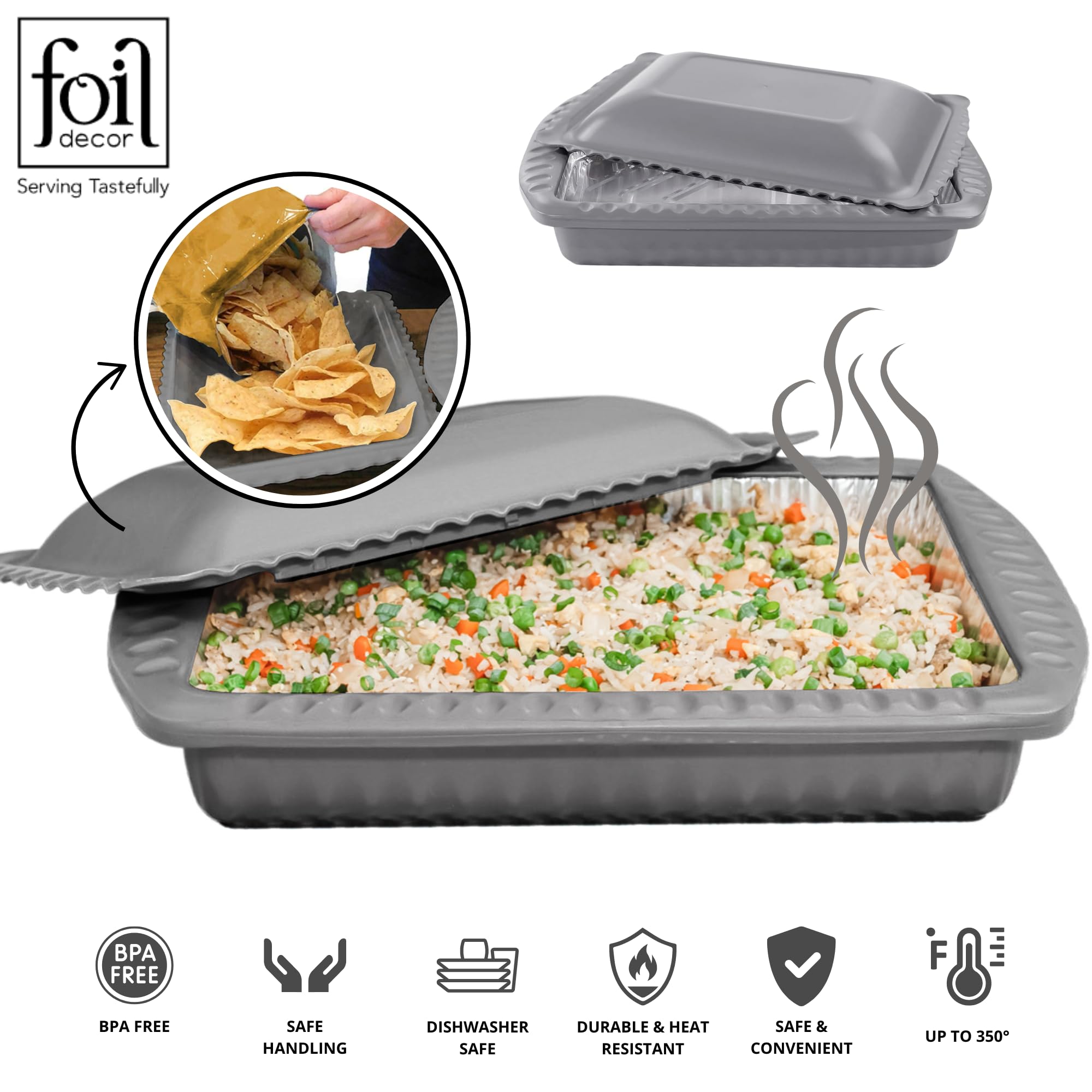 Heat-Resistant 9x13x2 Casserole Carrier with Locking Lid & Handles - BPA-Free Serving Dish for Foil Pans - Includes 1 Pan (Charcoal) - Perfect for Potlucks, Parties & Holiday Meals
