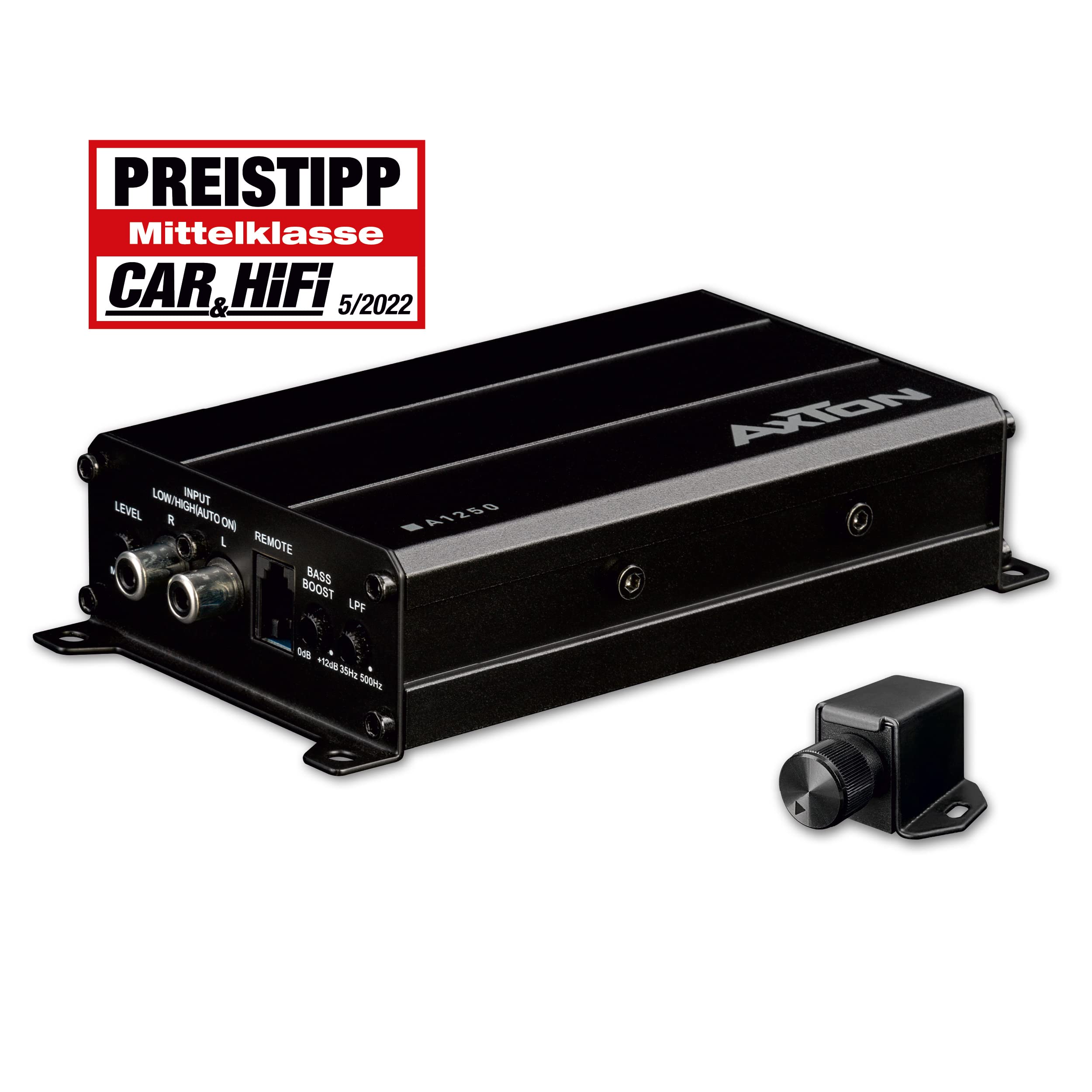 AXTON A1250 Ultra Compact 1 Channel Mono Digital Car Amplifier - 150W Class D Mini Bass Amp with High Level Input, 2 Ohms Stable for Cars, Trucks, Motorhomes - Perfect for Upgrading Car Audio Systems & Bass Enhancement
