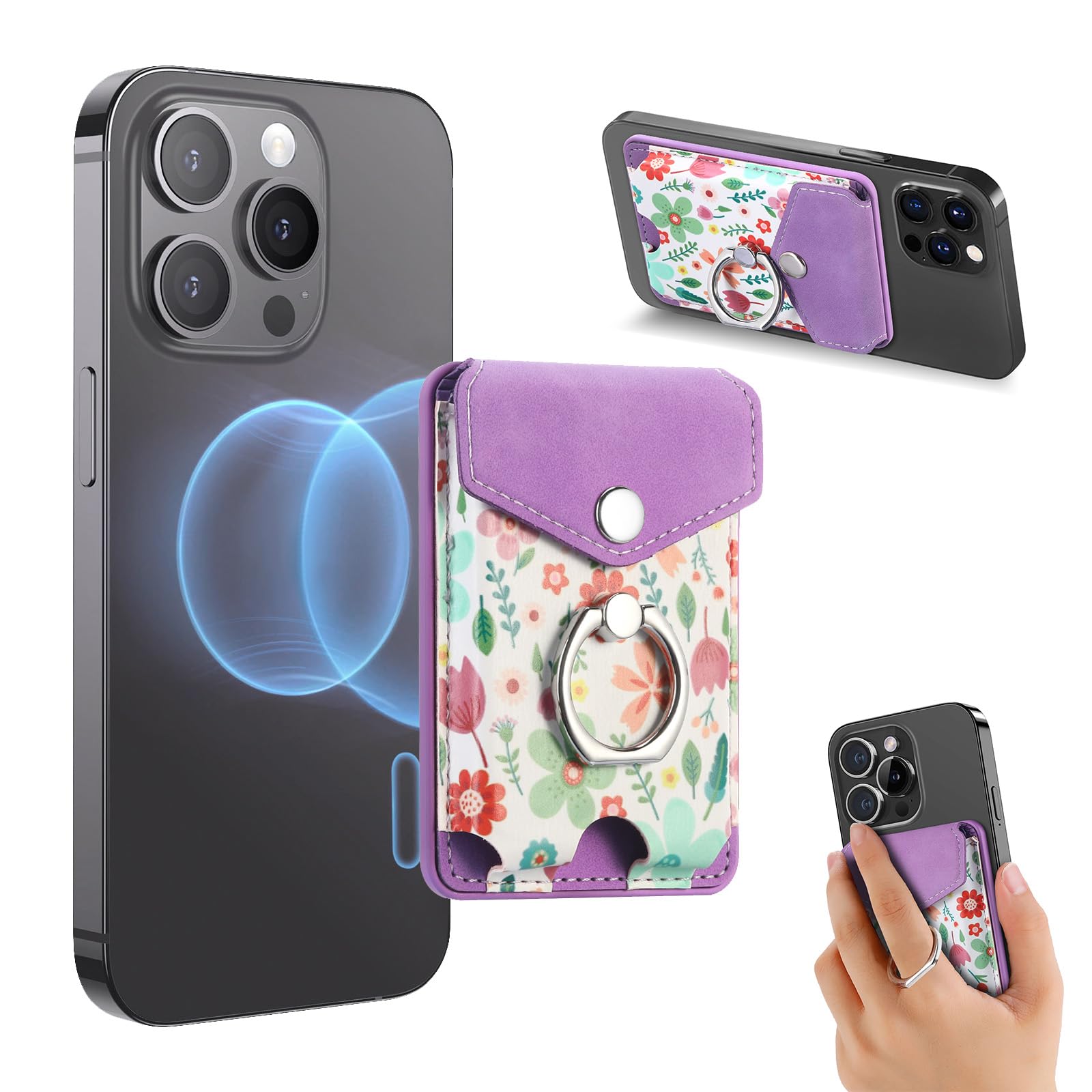 Magnetic Wallet for iPhone 15/14/13 with Phone Ring Stand - Purple for Women | Daily Essentials & Travel