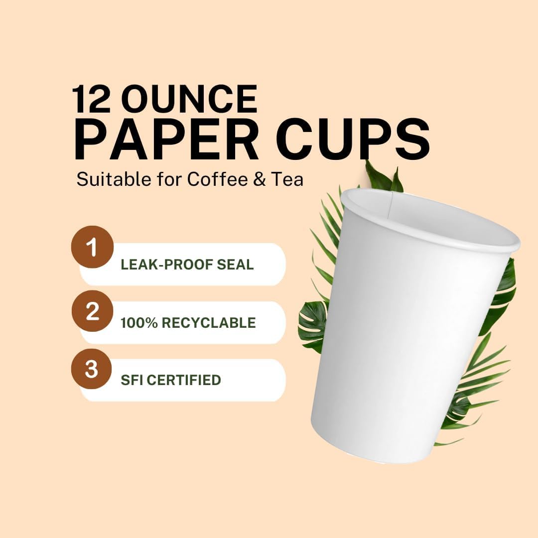 Premium 12oz Disposable Hot Paper Cups - 1000 Pack | Leak-Proof & BPA-Free Coffee Cups for Office, Cafes & Events | Eco-Friendly White Paper Drinkware for Hot Beverages, Tea & Cocoa