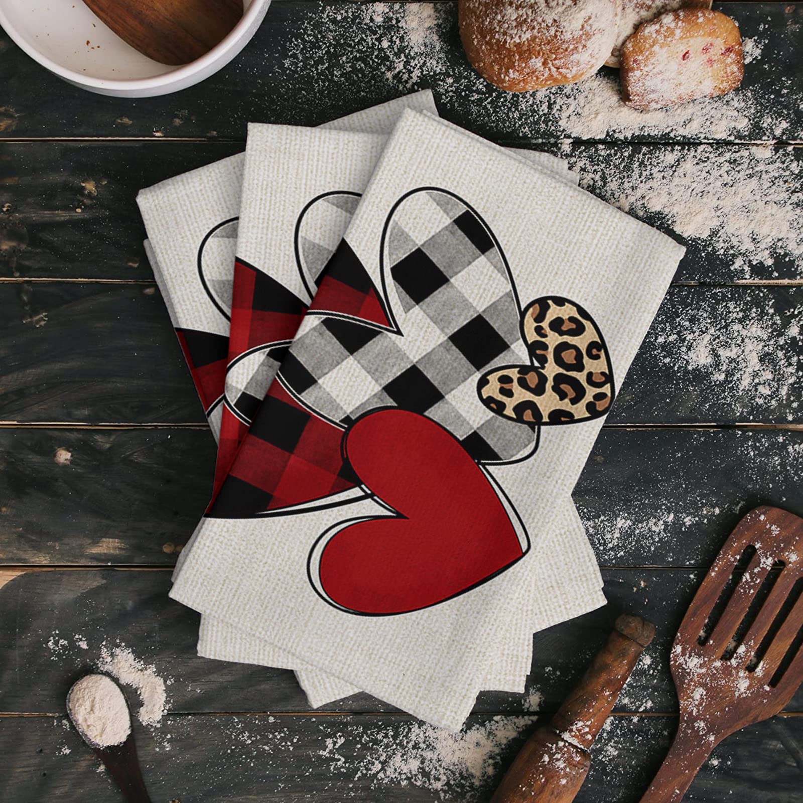 Premium Microfiber Kitchen Towels Set of 2 - Super Absorbent & Reusable Dish Towels (18x28 Inch) - Valentine's Day Heart Pattern & Buffalo Plaid Design for Cooking, Cleaning & Bar Use - Ideal for Dish Drying, Counter Wiping & Glass Polishing