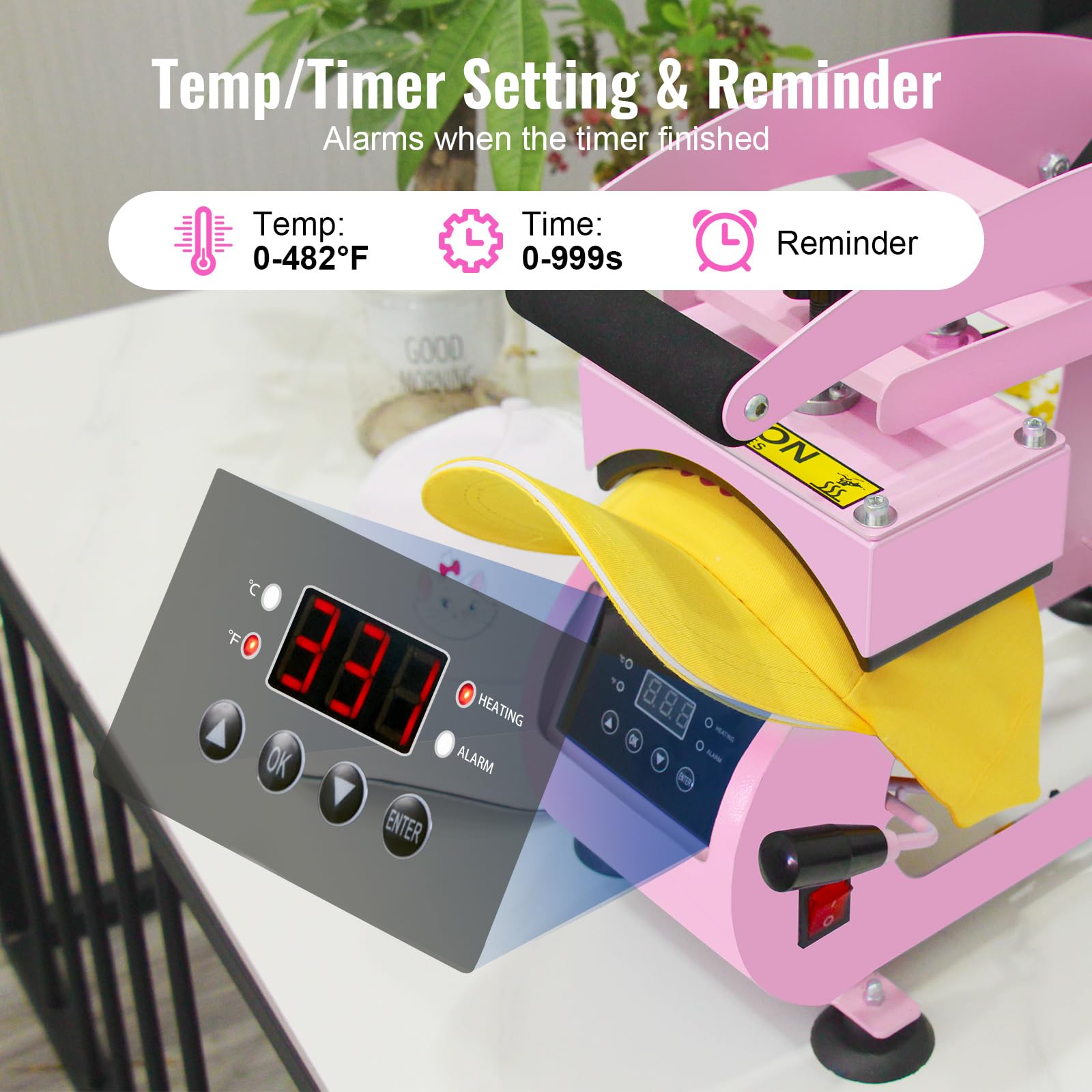 Professional Hat Press Machine with LCD Control - 2 Interchangeable Platens & Caps Stretcher for Vinyl, Sublimation & Heat Transfer (Pink) - Perfect for Custom Hat Printing, DIY Crafts & Small Business Use