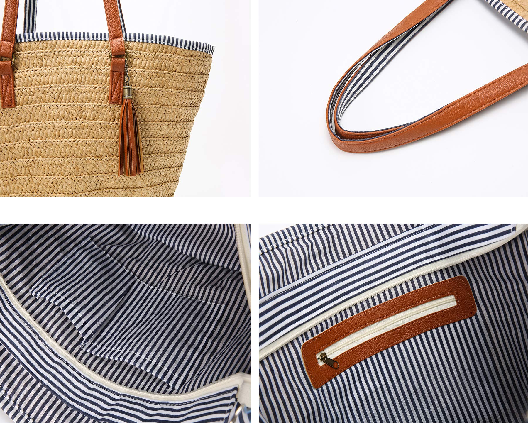 Epsion Straw Beach Tote Bag with Tassels & Pom Poms - Handwoven Boho Shoulder Purse for Women | Summer Vacation, Pool Party, Picnic & Outdoor Activities