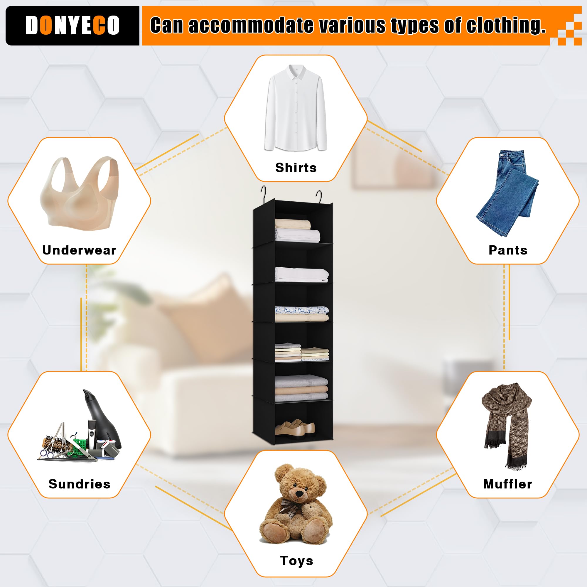 6-Shelf Hanging Closet Organizer for RV, Wardrobe & Nursery - Space Saving Storage Solution for Clothes, Toys & Camper Accessories - Perfect for Small Spaces, Baby Rooms & Travel Organization