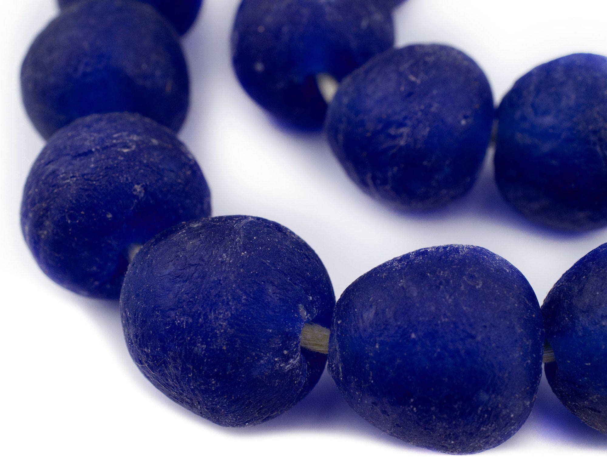 Recycled Glass Beads 32-35mm - Extra Large African Sea Glass Beads for Wall Hangings, Jewelry Making & DIY Crafts - Cobalt Blue Beaded Decor - The Bead Chest