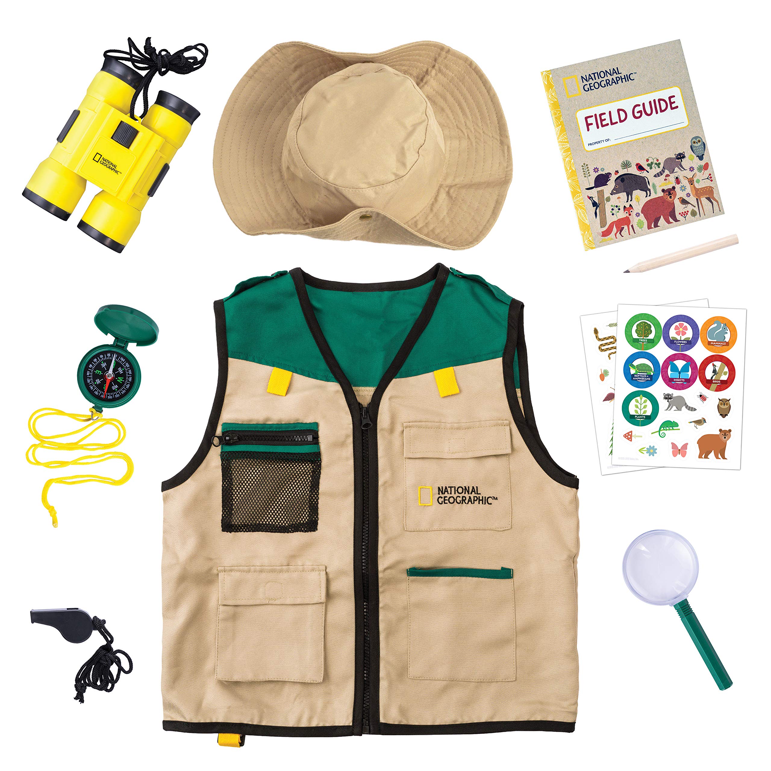 NATIONAL GEOGRAPHIC Kids Explorer Safari Kit - Outdoor Adventure Set with Binoculars, Magnifying Glass, Vest, Hat & Journal for Boys and Girls | Perfect for Halloween Costumes, Backyard Exploration & Nature Discovery