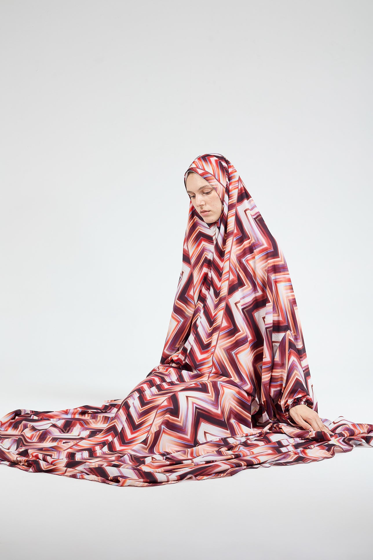 Faten Chevron Satin Prayer Gown with Elastic Cuffs - Comfortable Islamic Prayer Dress for Women, Perfect for Salah, Mosque & Home Worship