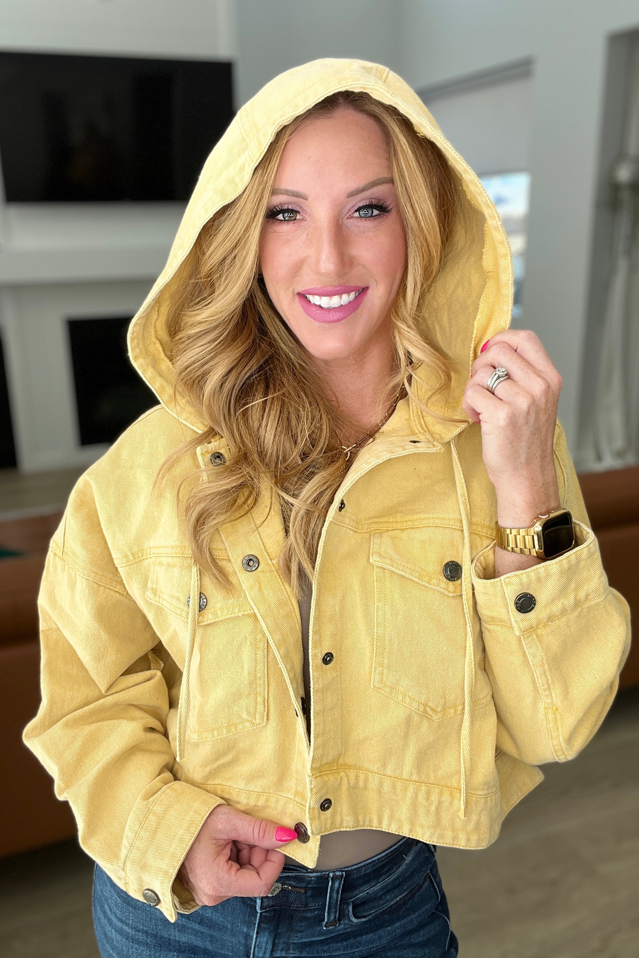 Gee Gee Mustard Cropped Hooded Denim Jacket for Women - Trendy Distressed Vintage Style - Perfect for Casual Outfits & Streetwear Fashion