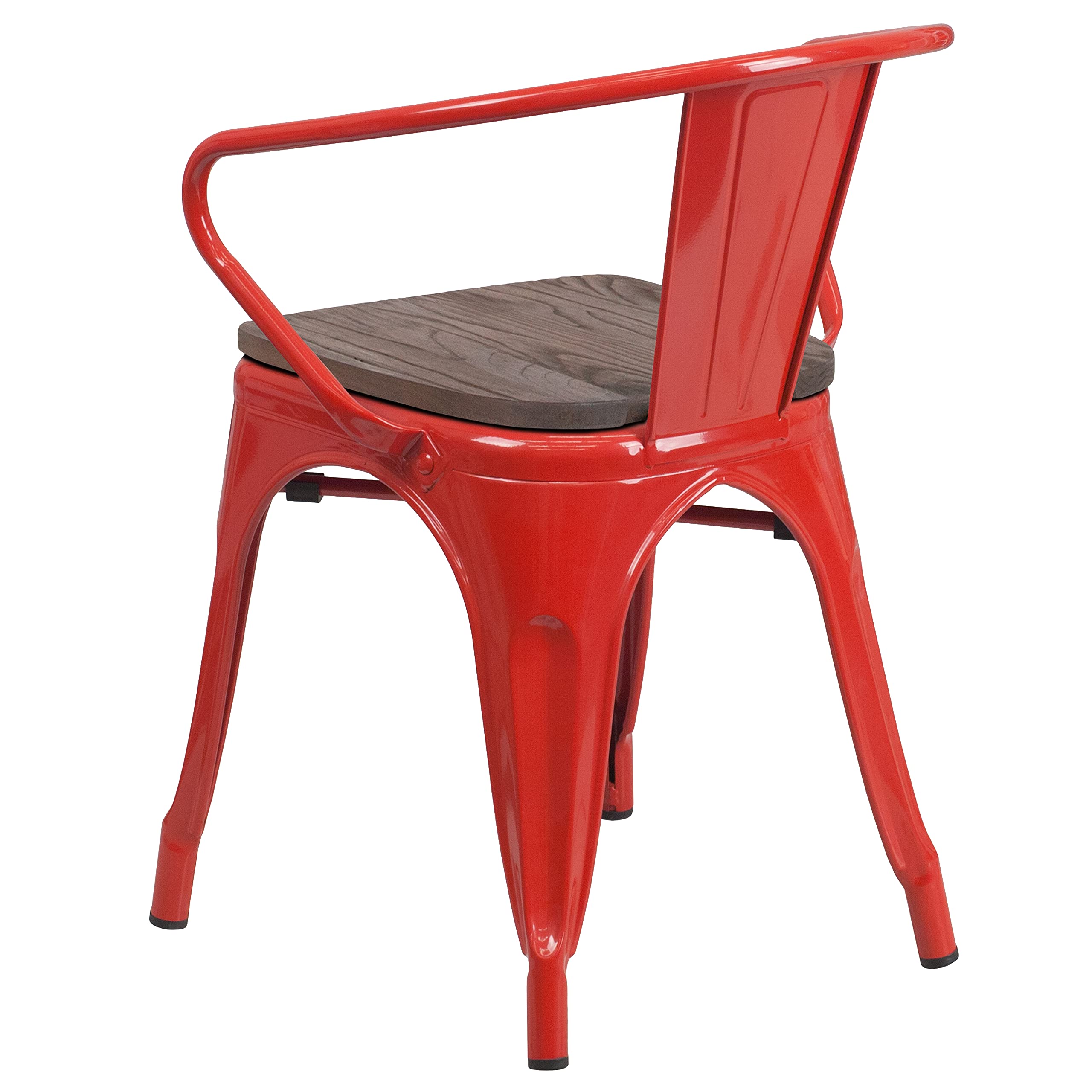4 Pack Red Metal Chairs with Wooden Seats & Arms - Durable Restaurant & Cafe Furniture for Indoor & Outdoor Dining, Patio, Bistro, and Home Decor