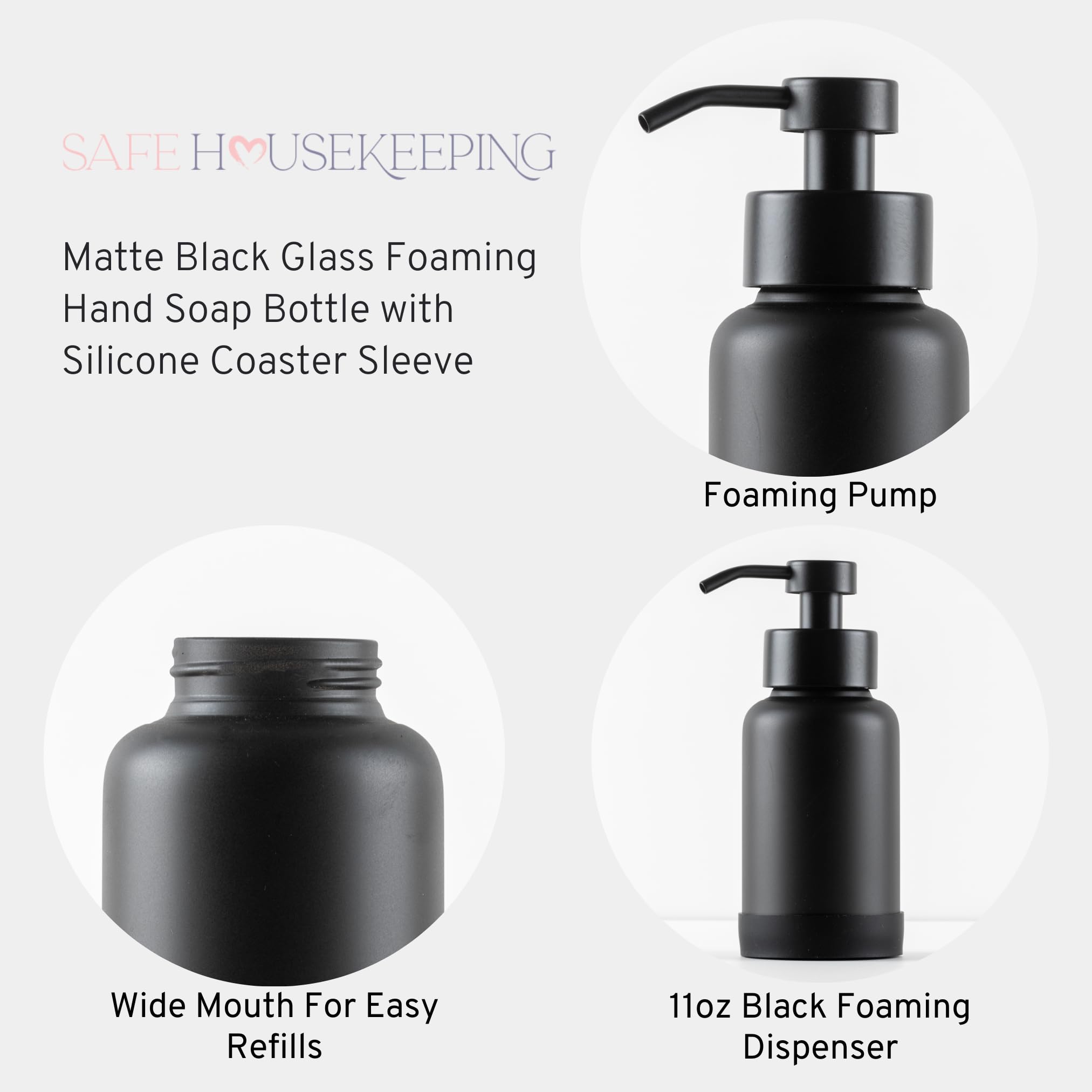 Premium Black Glass Foaming Hand Soap Dispenser - 11oz Matte Finish with Bonus Labels & Silicone Coaster - Elegant Bathroom & Kitchen Soap Pump for Home, Office, and Guest Washrooms
