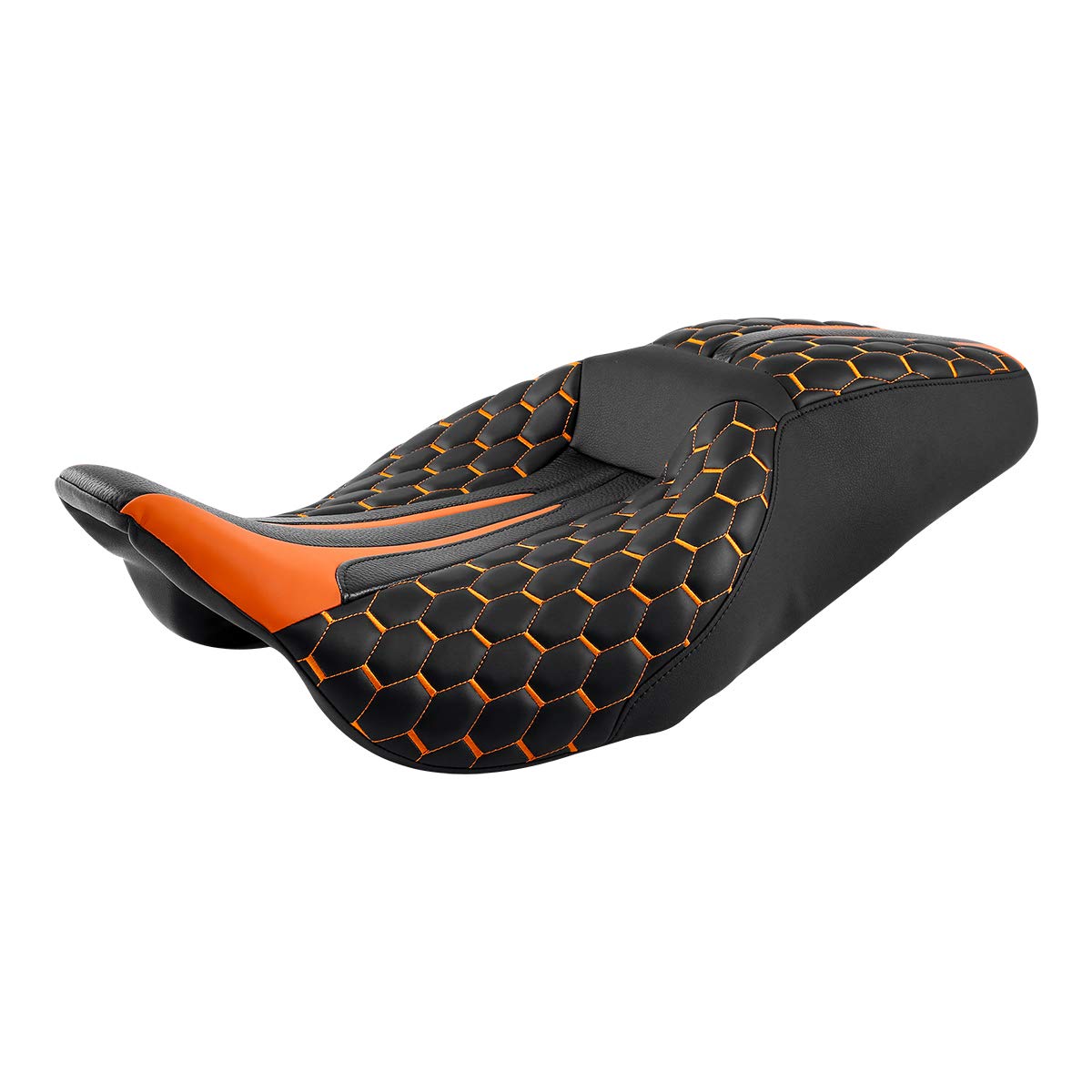 Premium Hexagon Stitched Low-Profile Touring Seat for Harley Davidson Road King, Street Glide, Road Glide, Electra Glide & CVO (2009-2020) - Comfortable Orange Motorcycle Seat for Long Rides & Road Trips