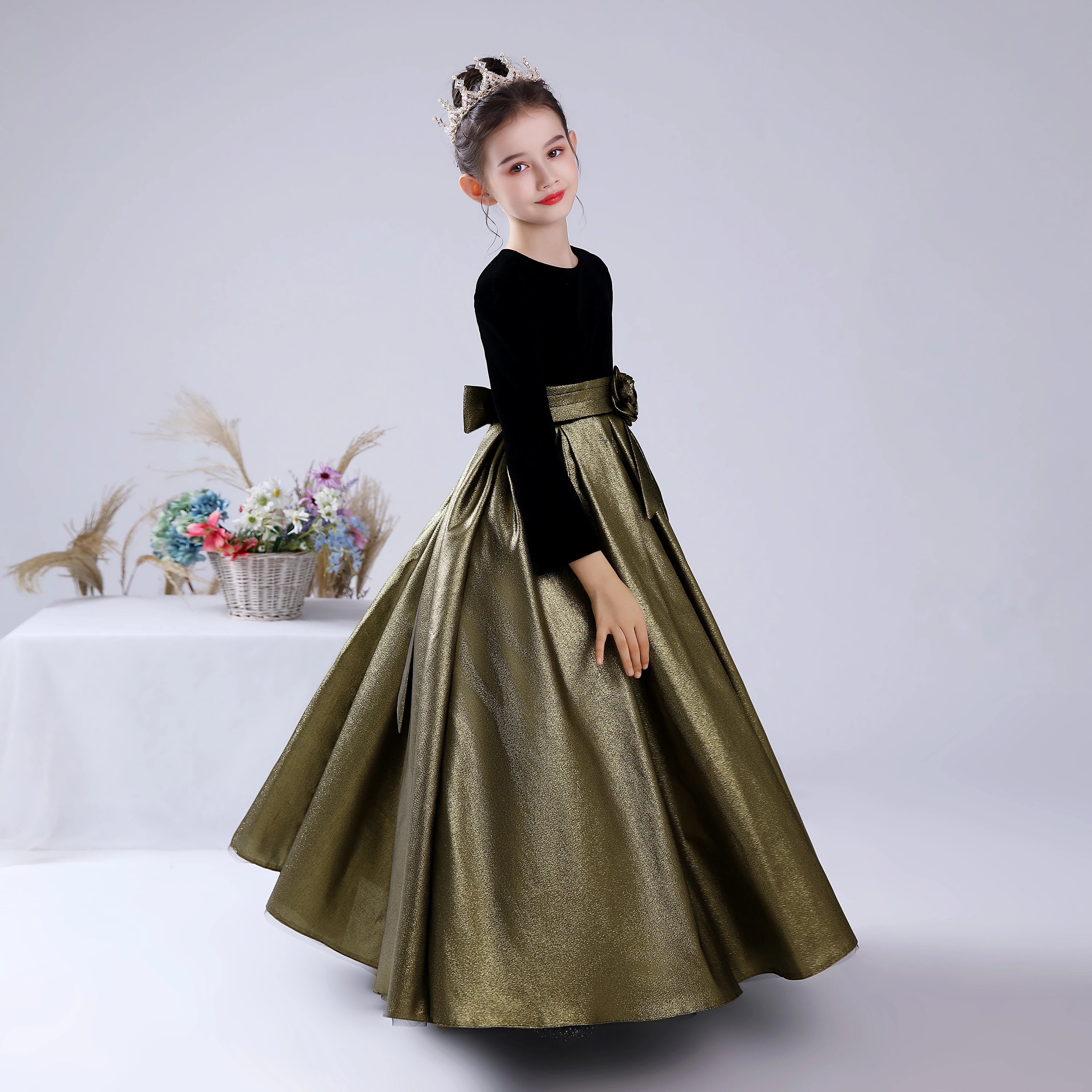 Vintage Velvet Flower Girl Dress with Shining Satin Trim - Long Formal Pageant Gown for Weddings, Parties & Special Occasions